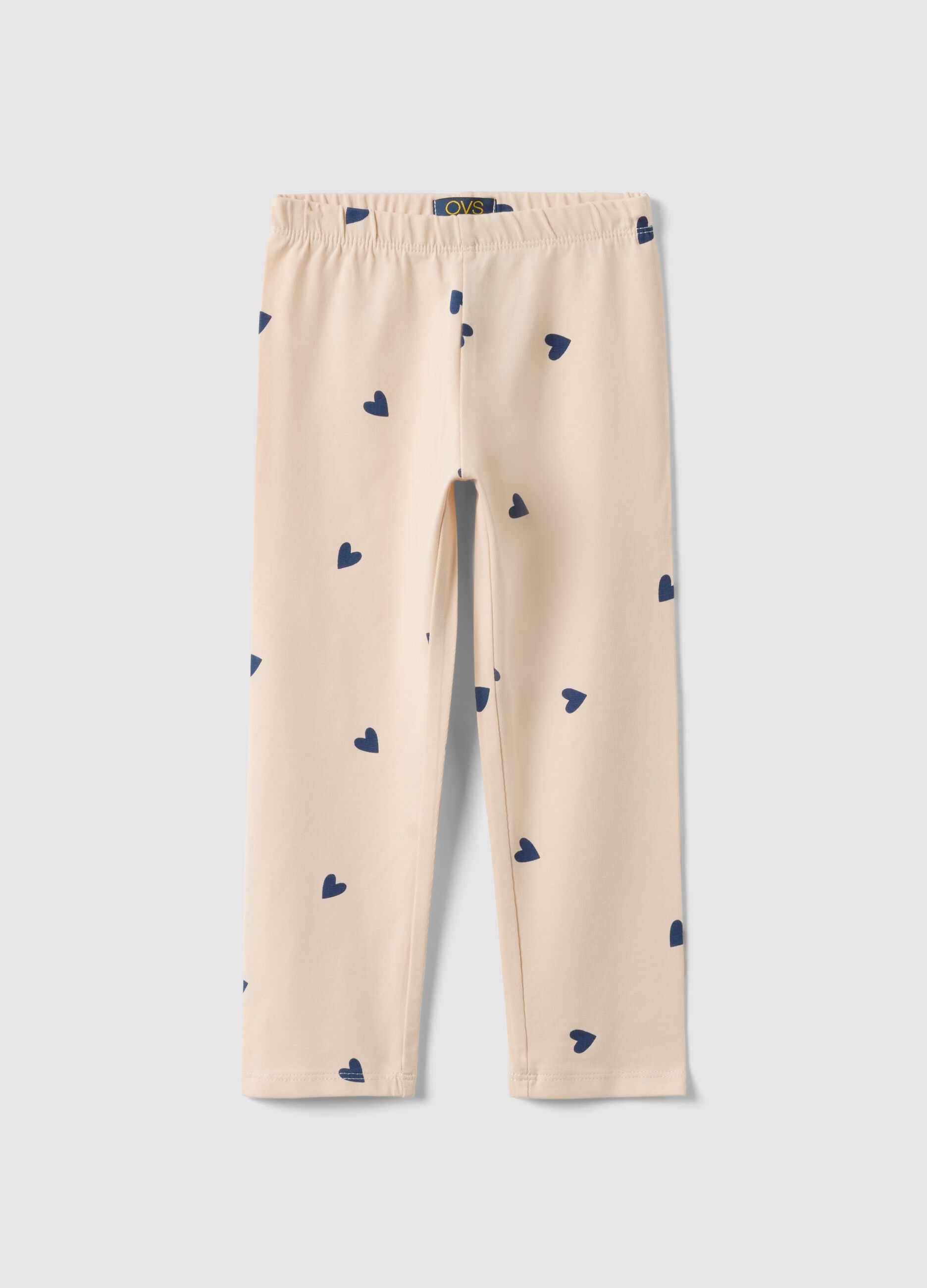 Girls' beige stretch cotton slim fit leggings with designs