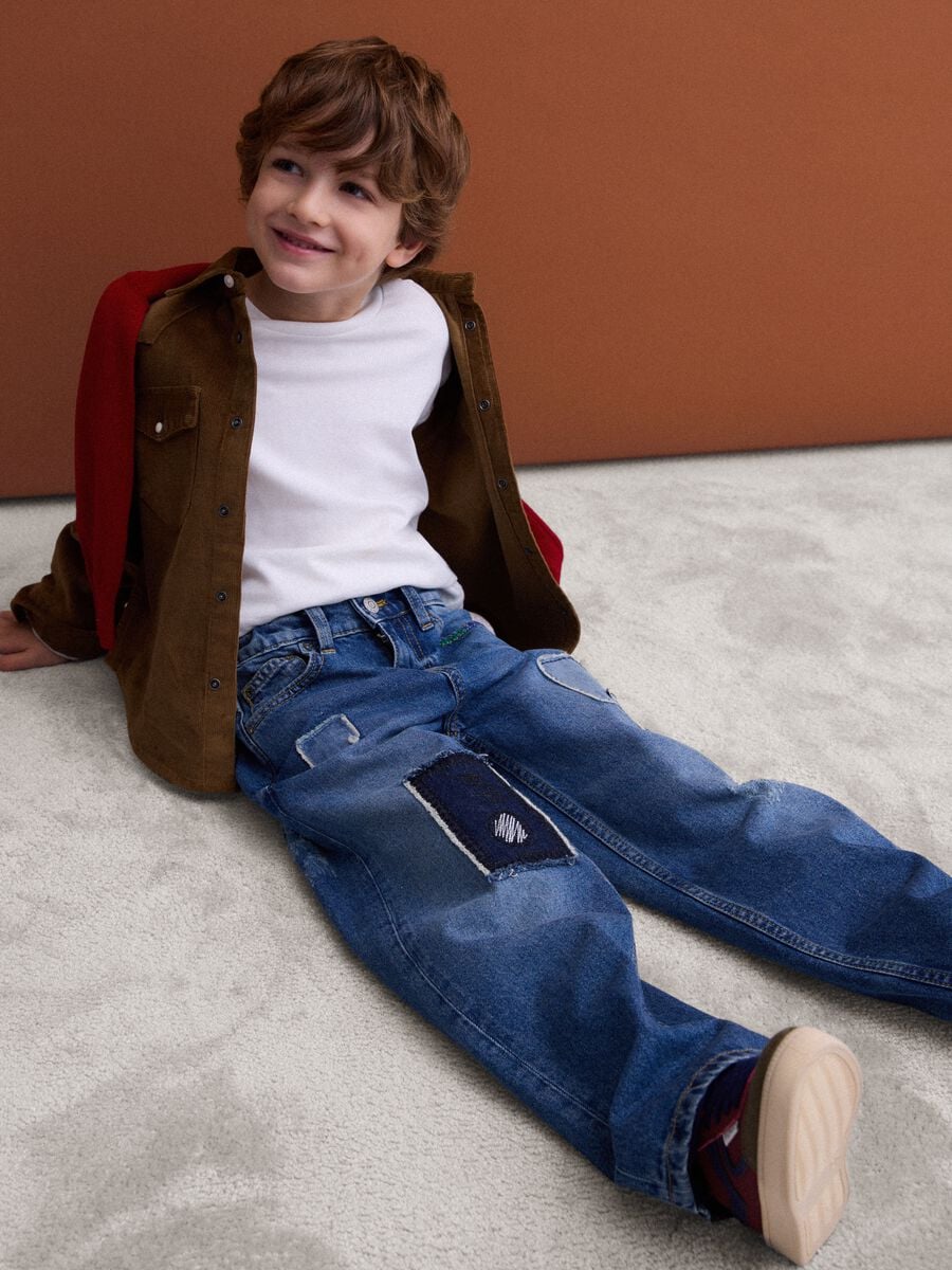 Blue pure cotton denim jeans, straight fit with patches for boys_0