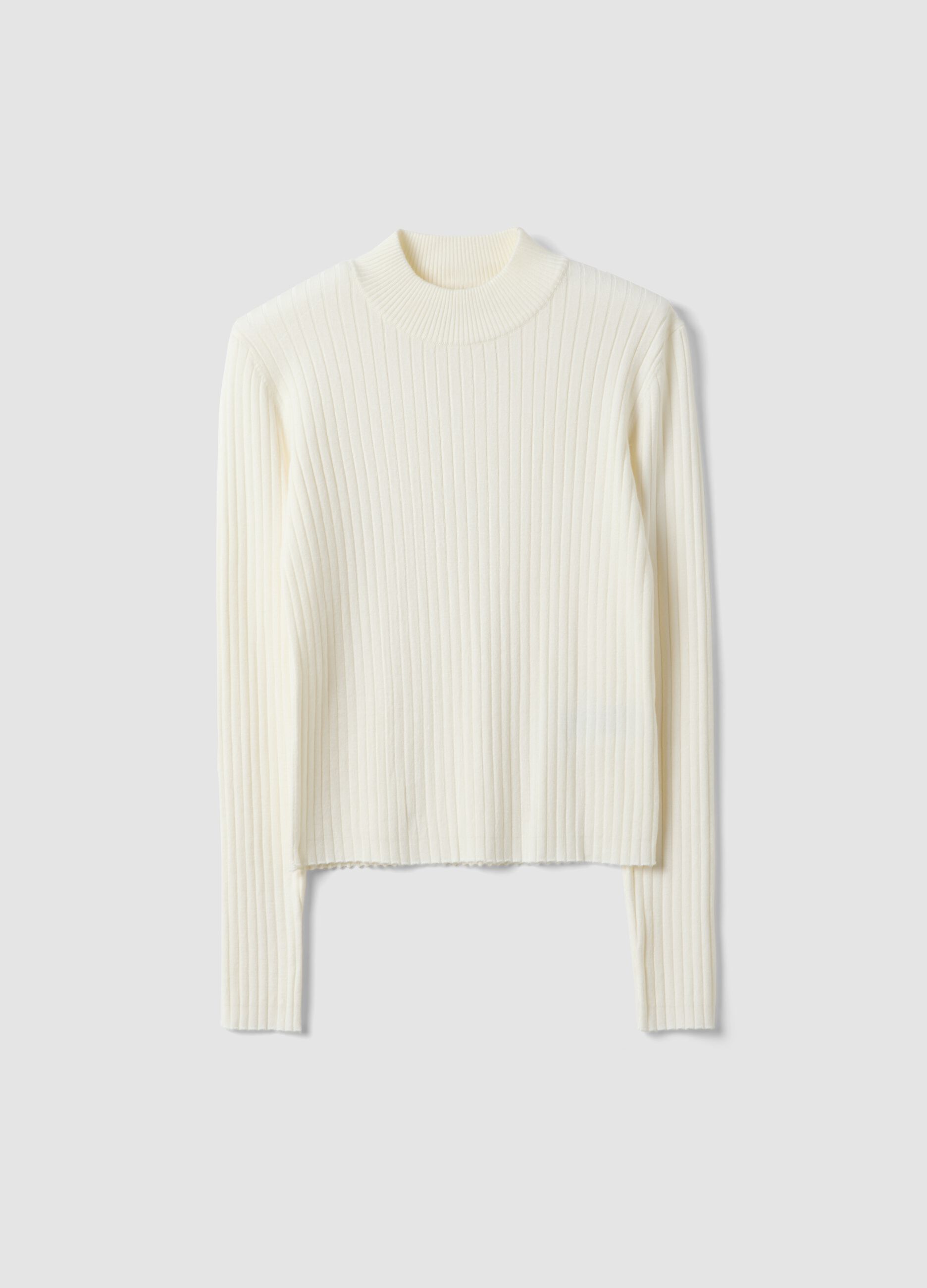 White fitted ribbed viscose-blend top with high neck