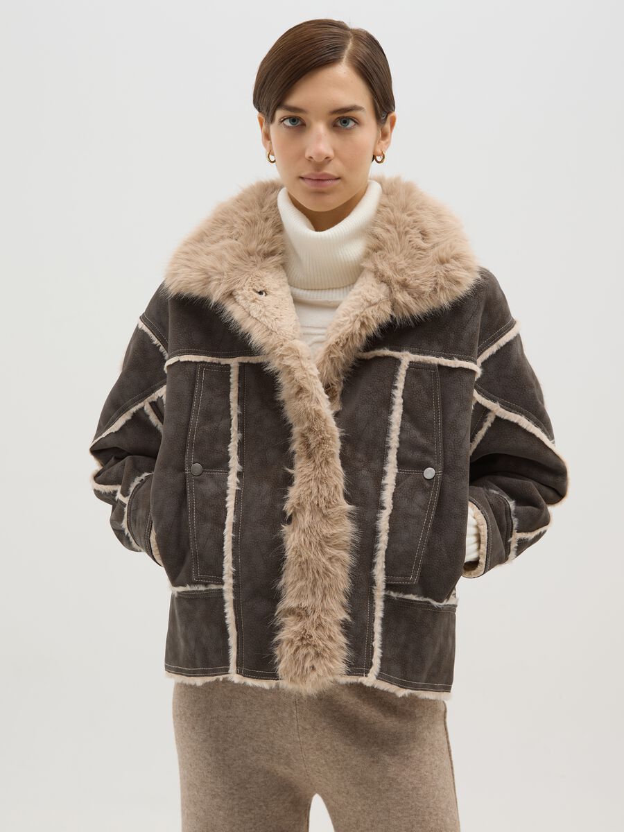 Giacca marrone regular fit con effetto shearling_1