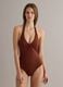 Costume intero marrone in tessuto elasticizzato con lacci al collo_0