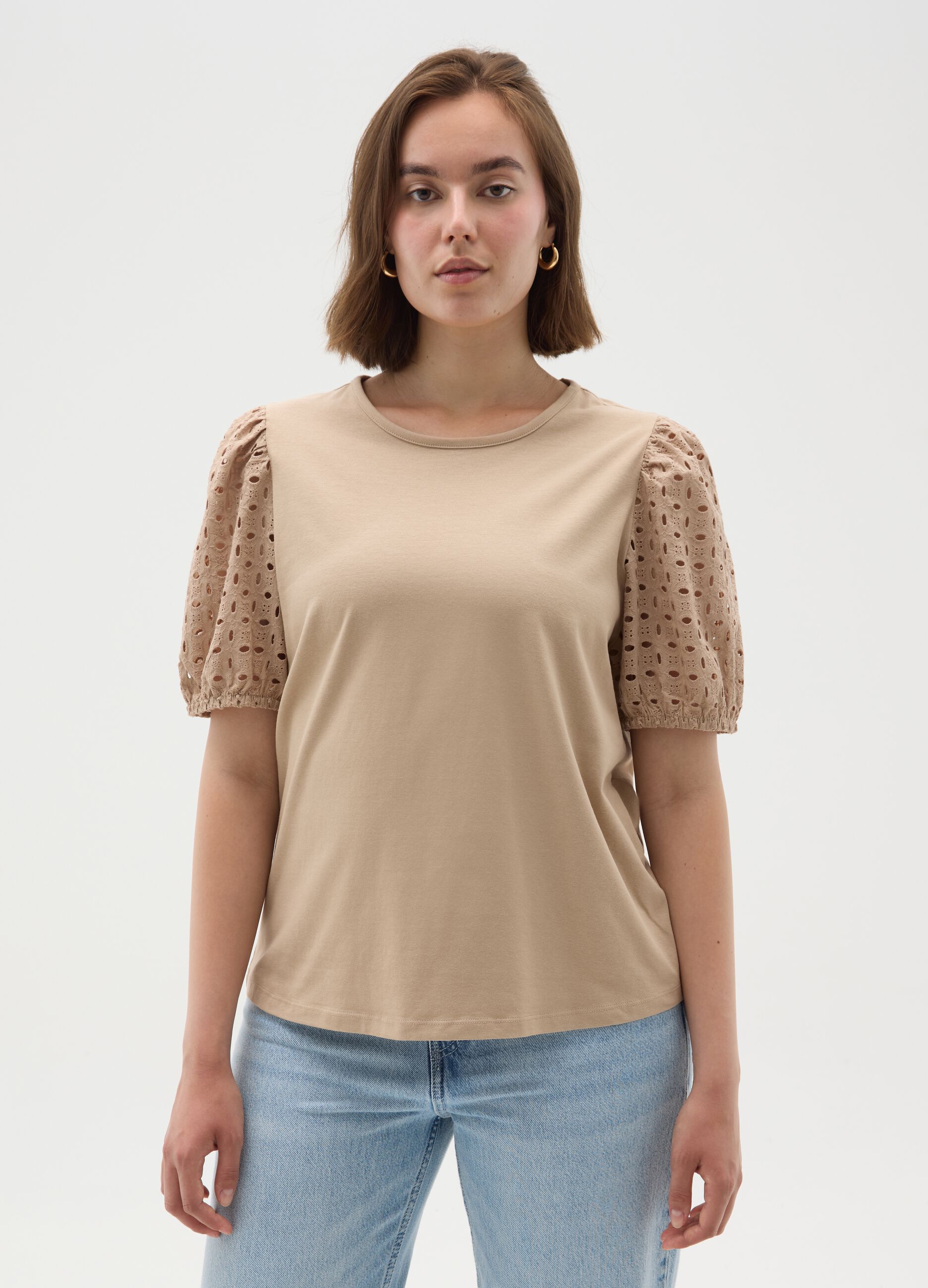 Beige regular fit women's cotton T-shirt with puff sleeves