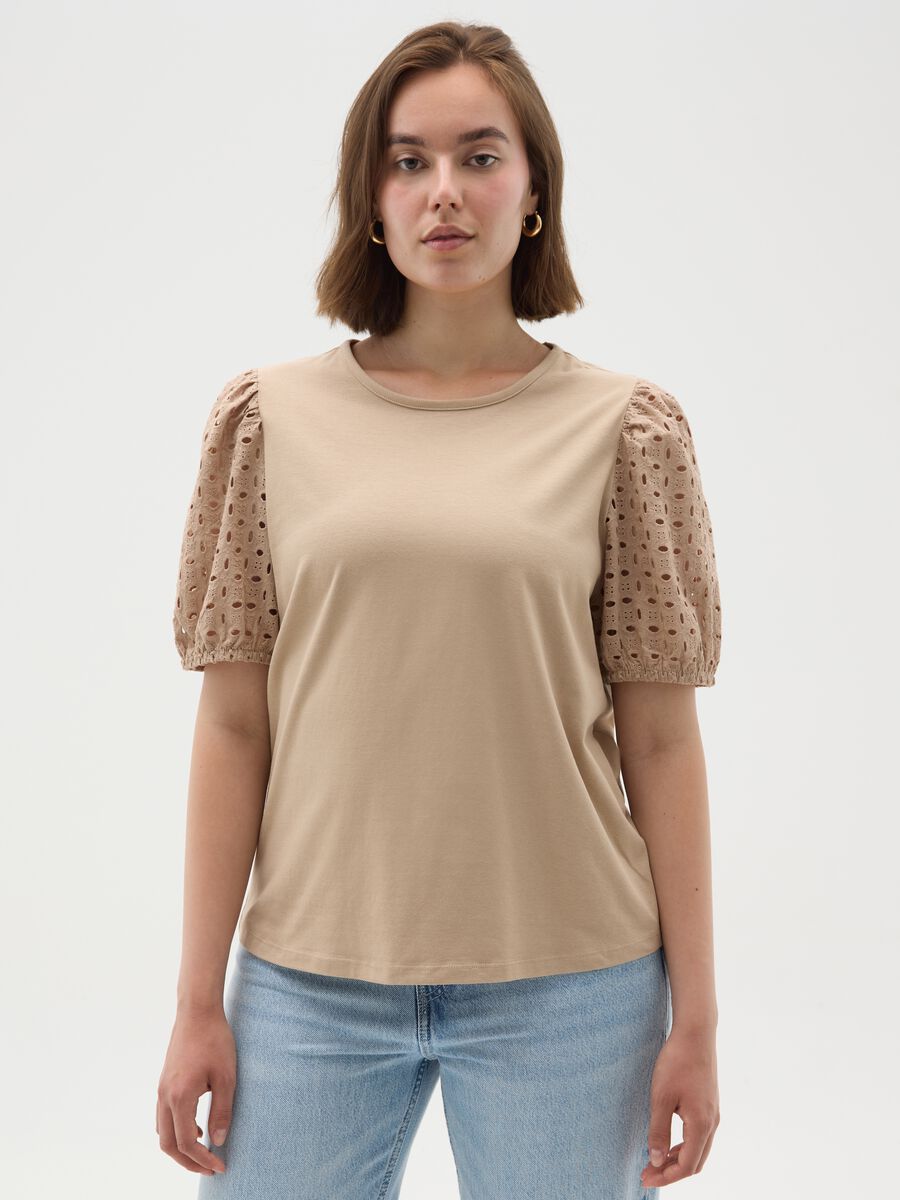 Beige regular fit women's cotton T-shirt with puff sleeves_0