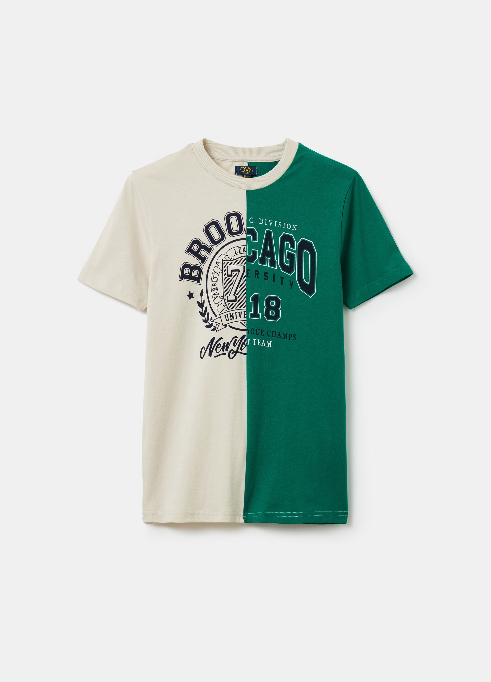 Two-tone T-shirt with printed lettering.