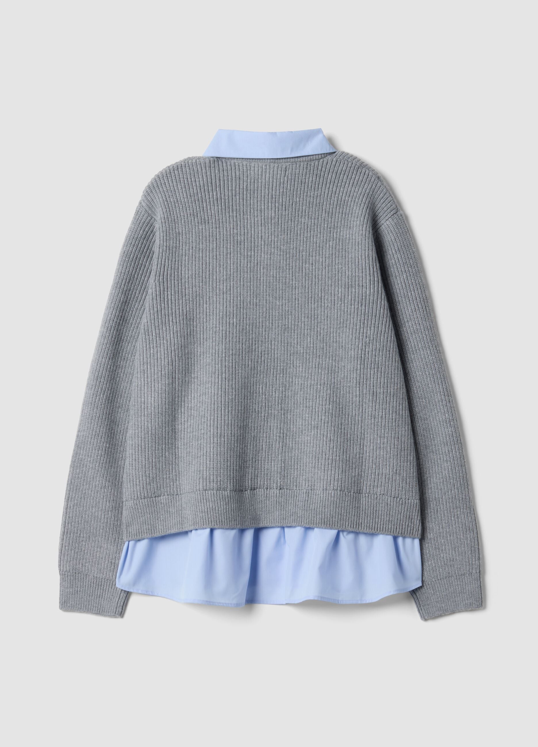 Grey rib-knit regular-fit cardigan with collar and layered-look detail