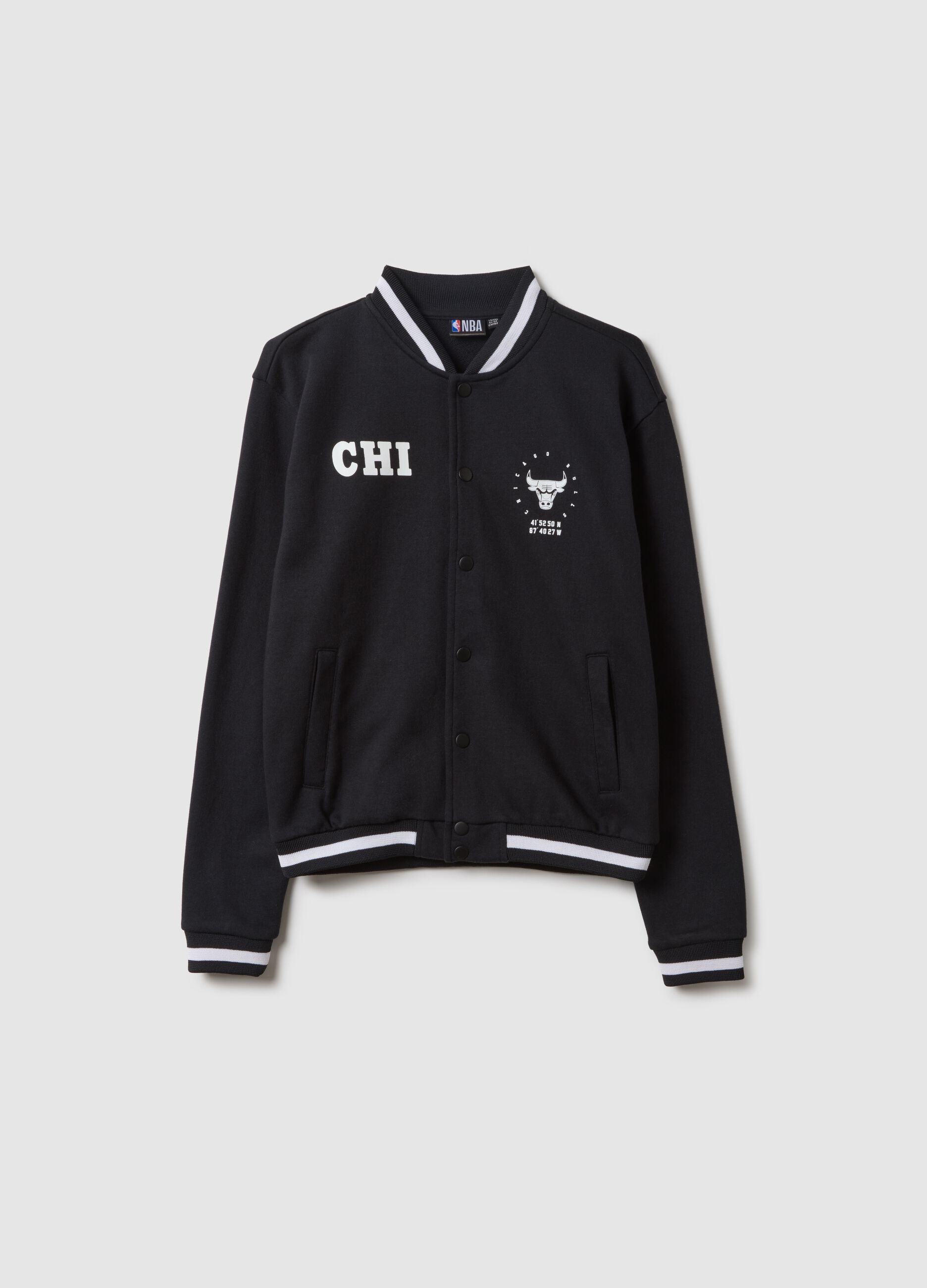 Black cotton blend bomber jacket for kids, regular fit with print