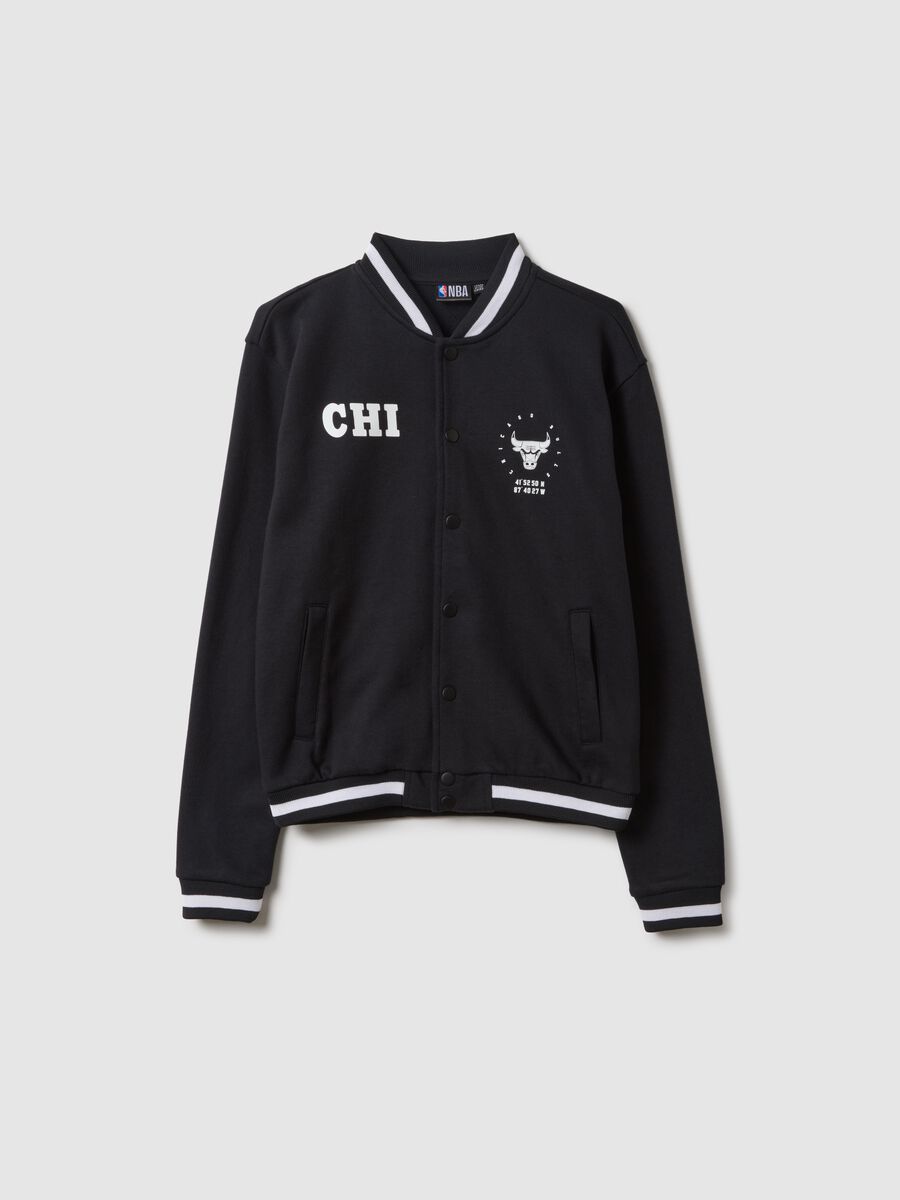 Black cotton blend bomber jacket for kids, regular fit with print_0