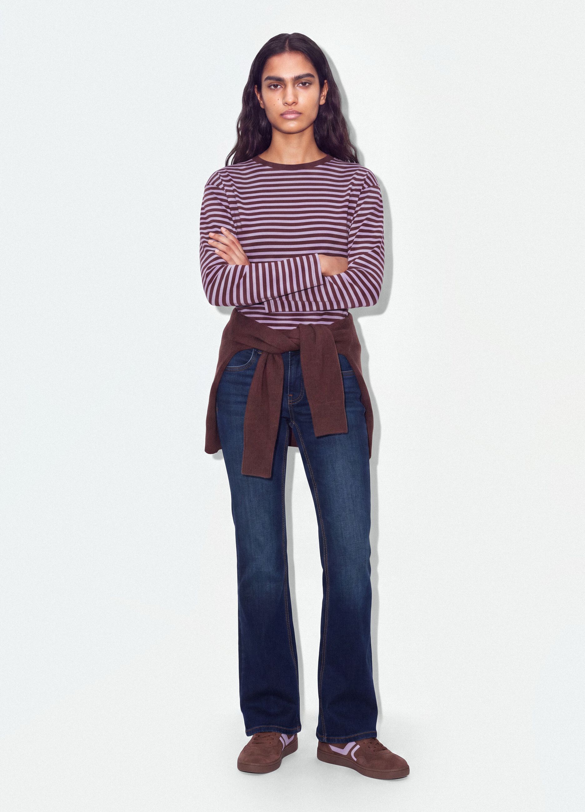 Purple striped pure cotton relaxed-fit crew-neck T-shirt