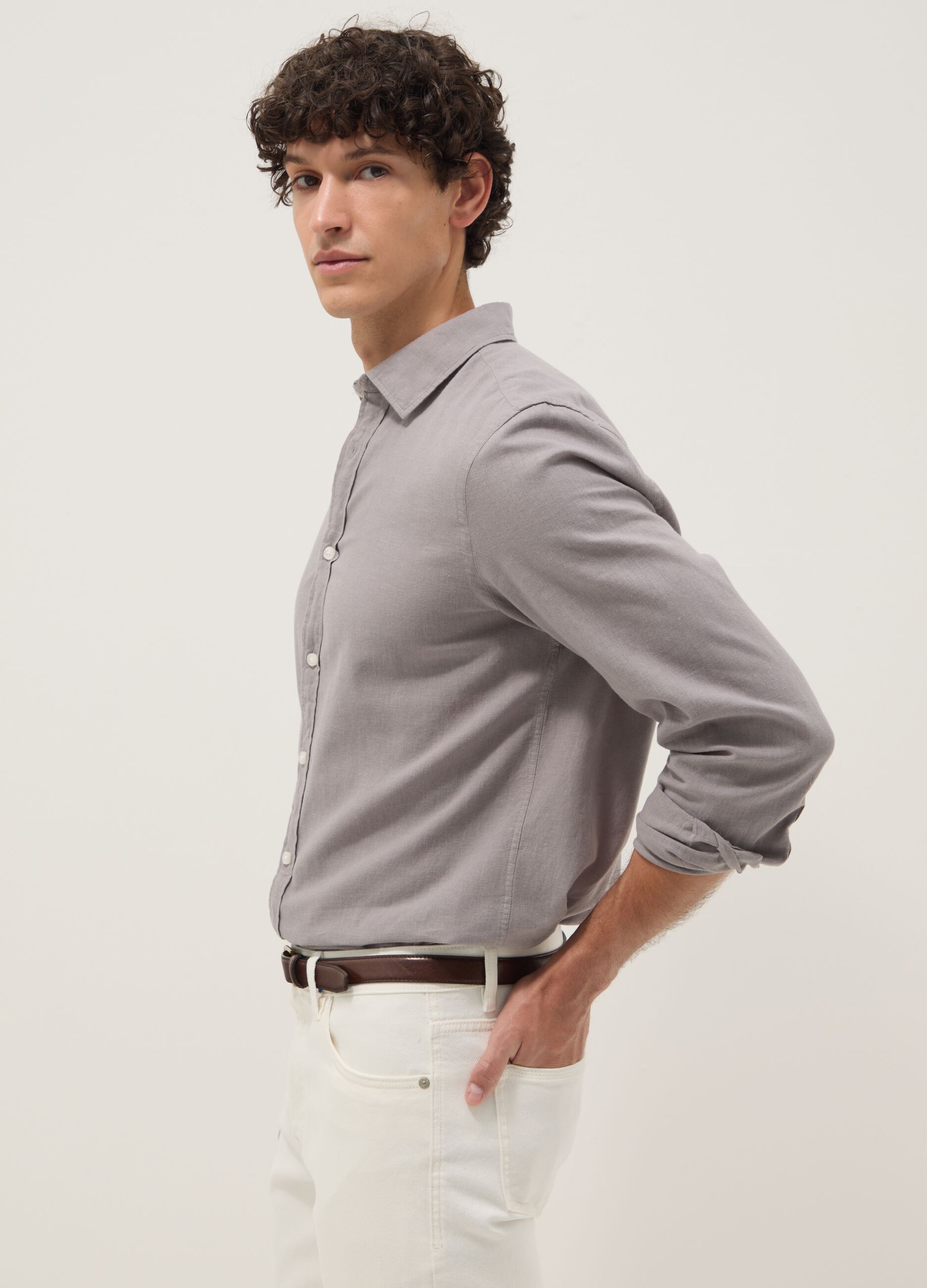 Grey linen-cotton blend shirt with regular fit