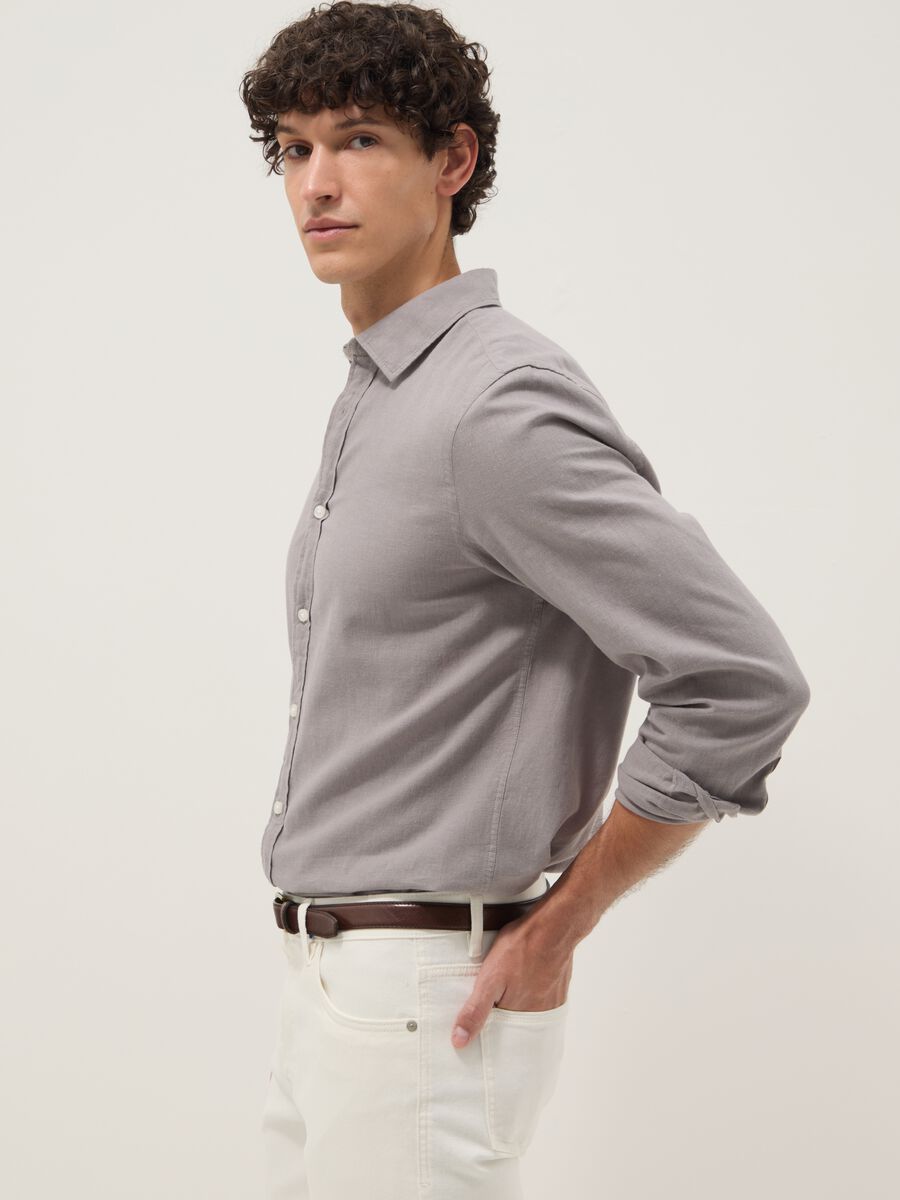 Camicia grigia in misto lino e cotone regular fit_0