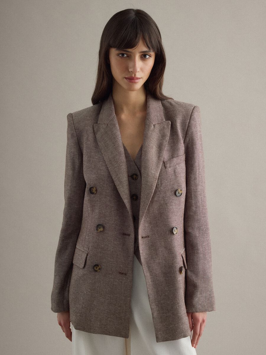 Multicolour viscose and linen mix regular fit blazer_1