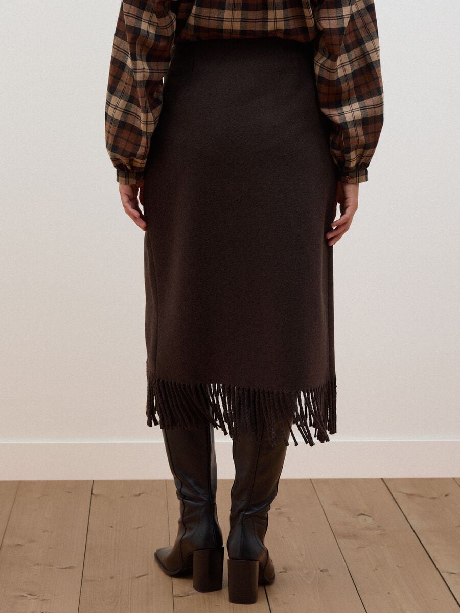 Brown viscose-wool blend skirt with fringed hem_3