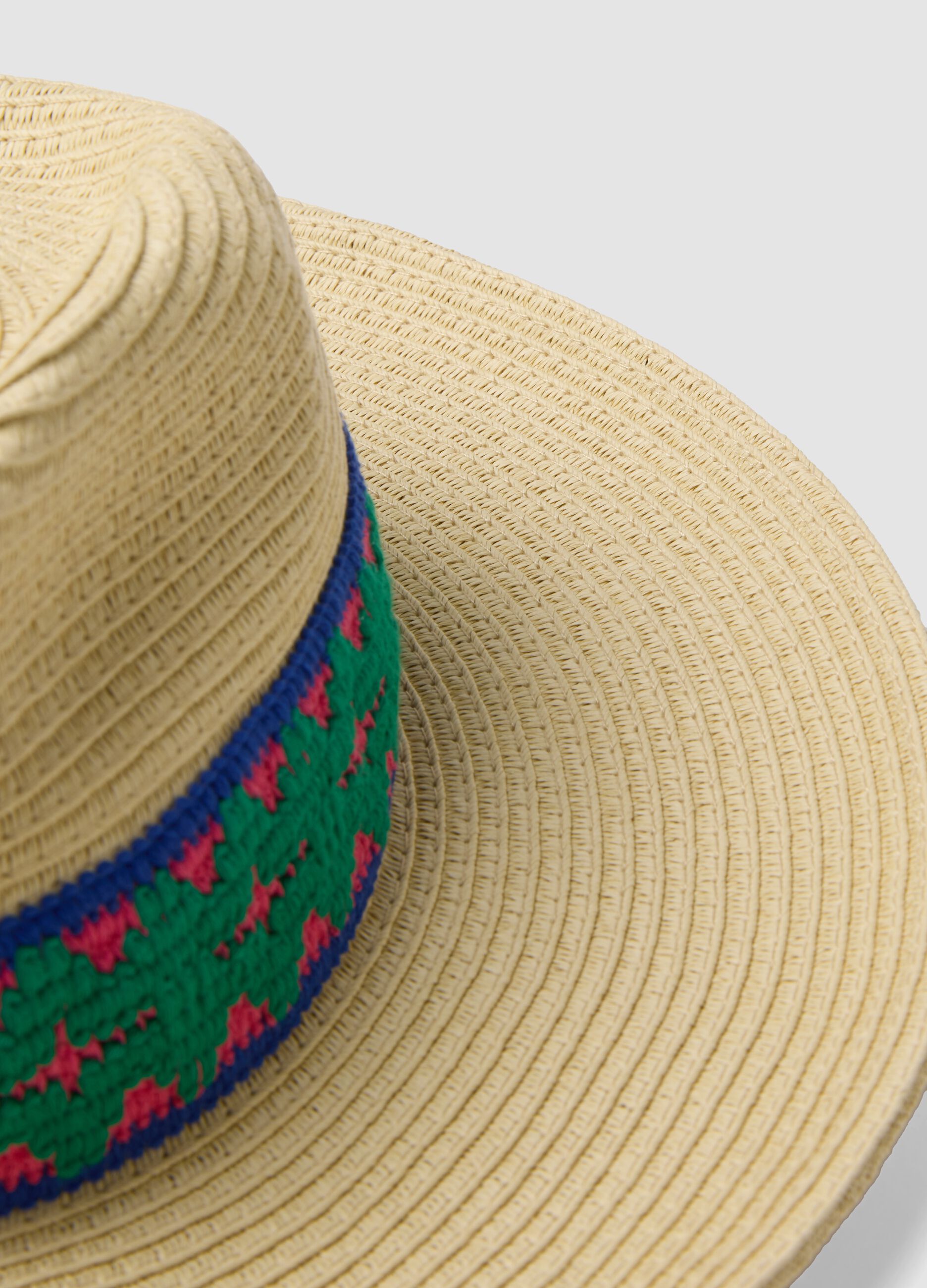 Beige Panama hat in pure paper fabric with multicolour band