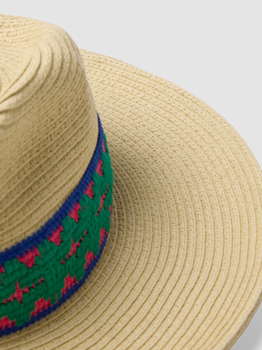 Cappello panama beige in puro tessuto carta con fascia multicolor_2