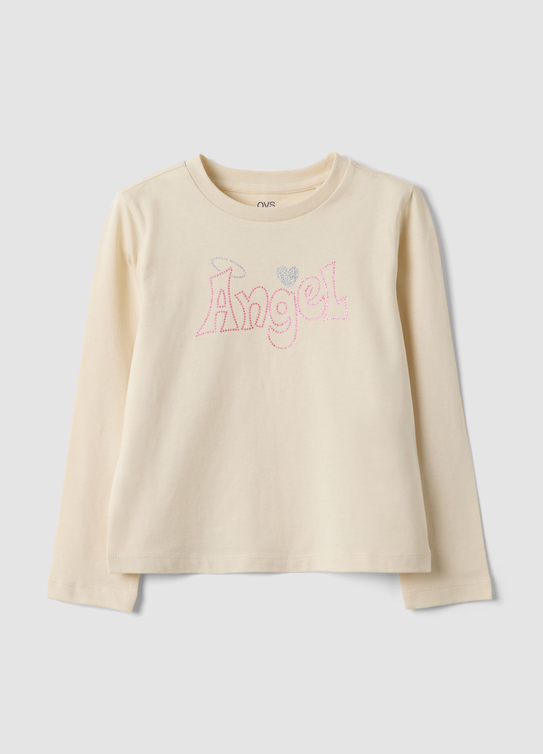 Beige pure organic cotton T-shirt with front print for girls