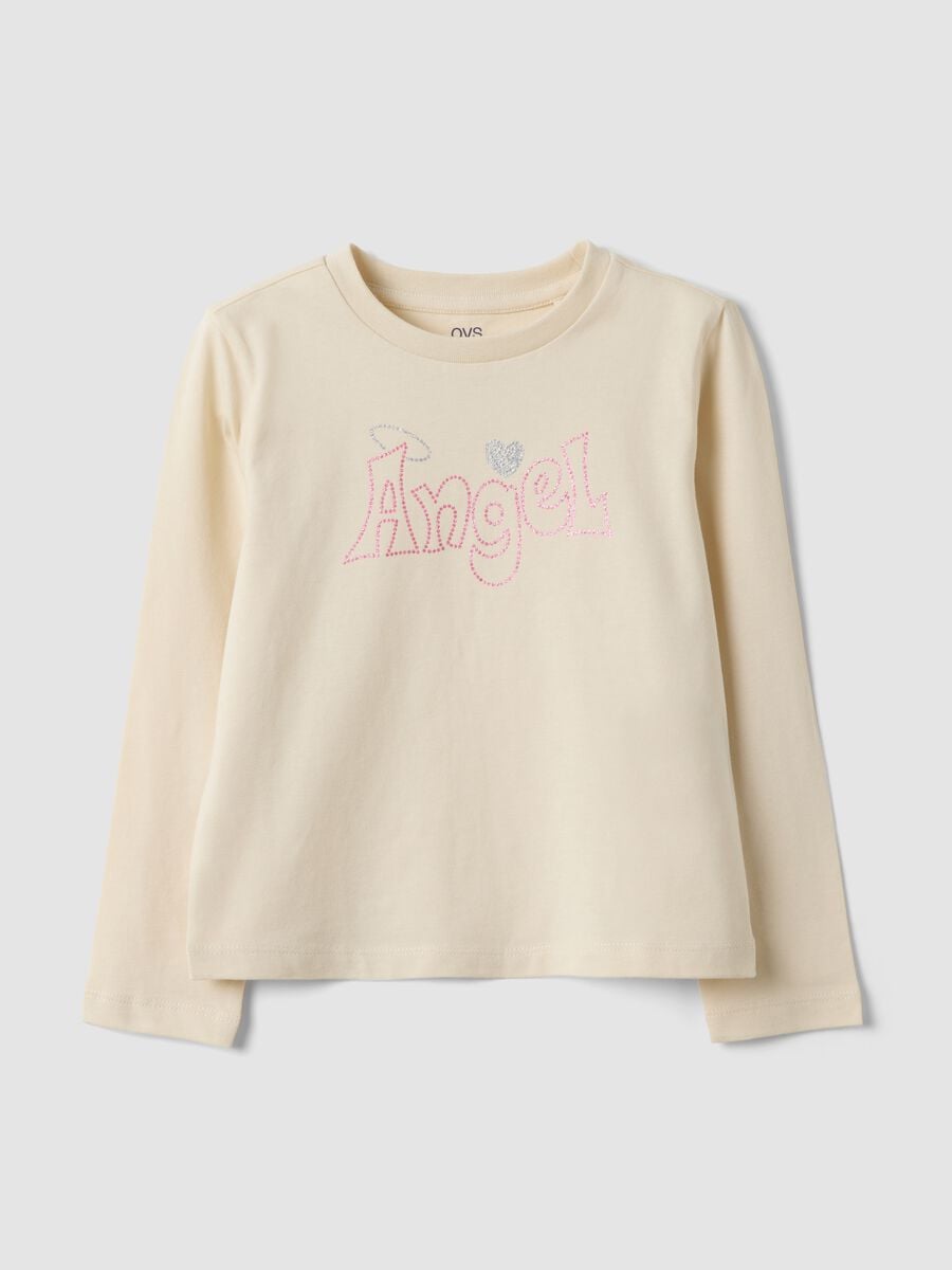 T-shirt beige in puro cotone organico con stampa frontale per bambina_0