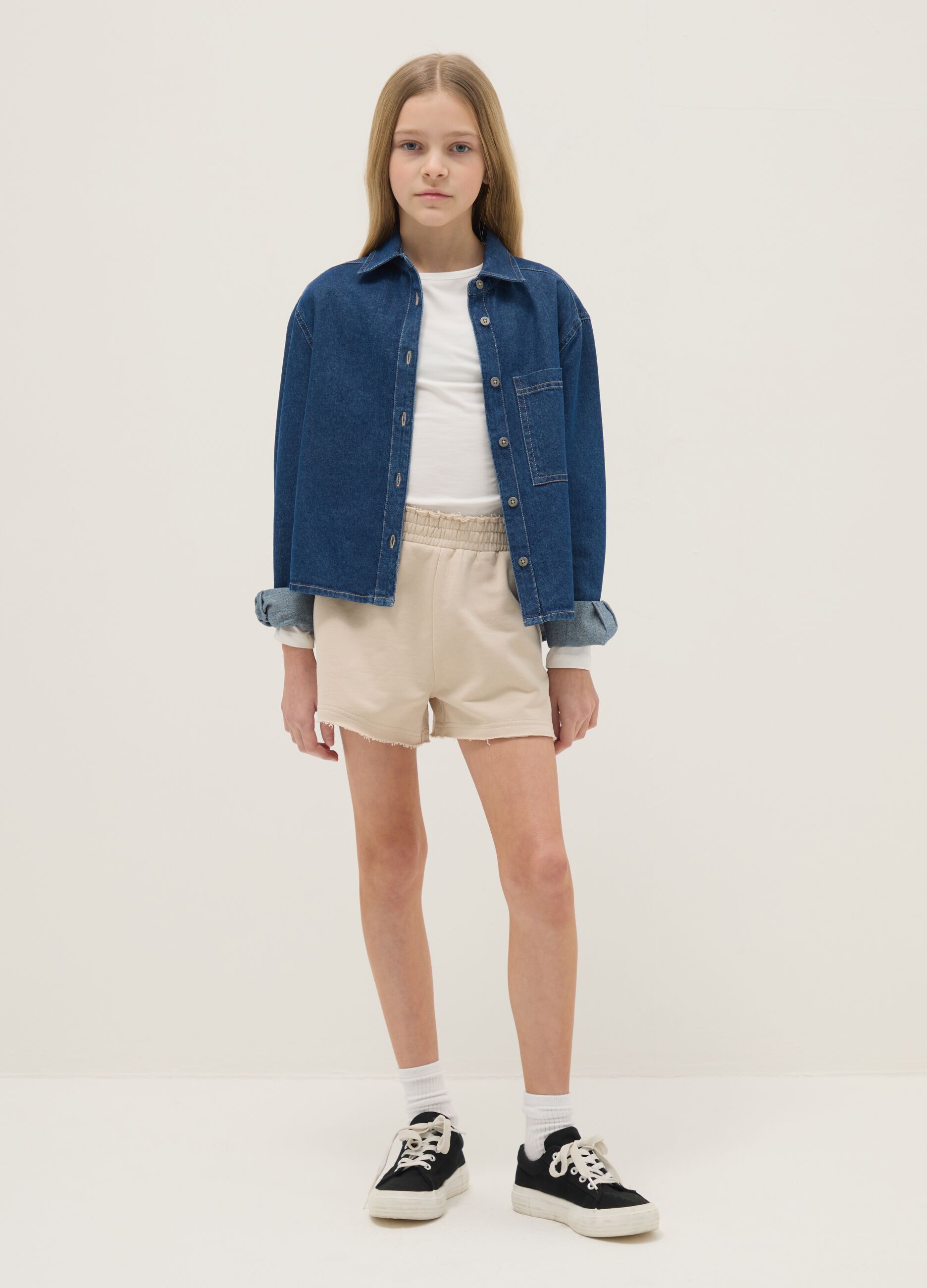 Shorts in puro cotone beige da ragazza relaxed fit