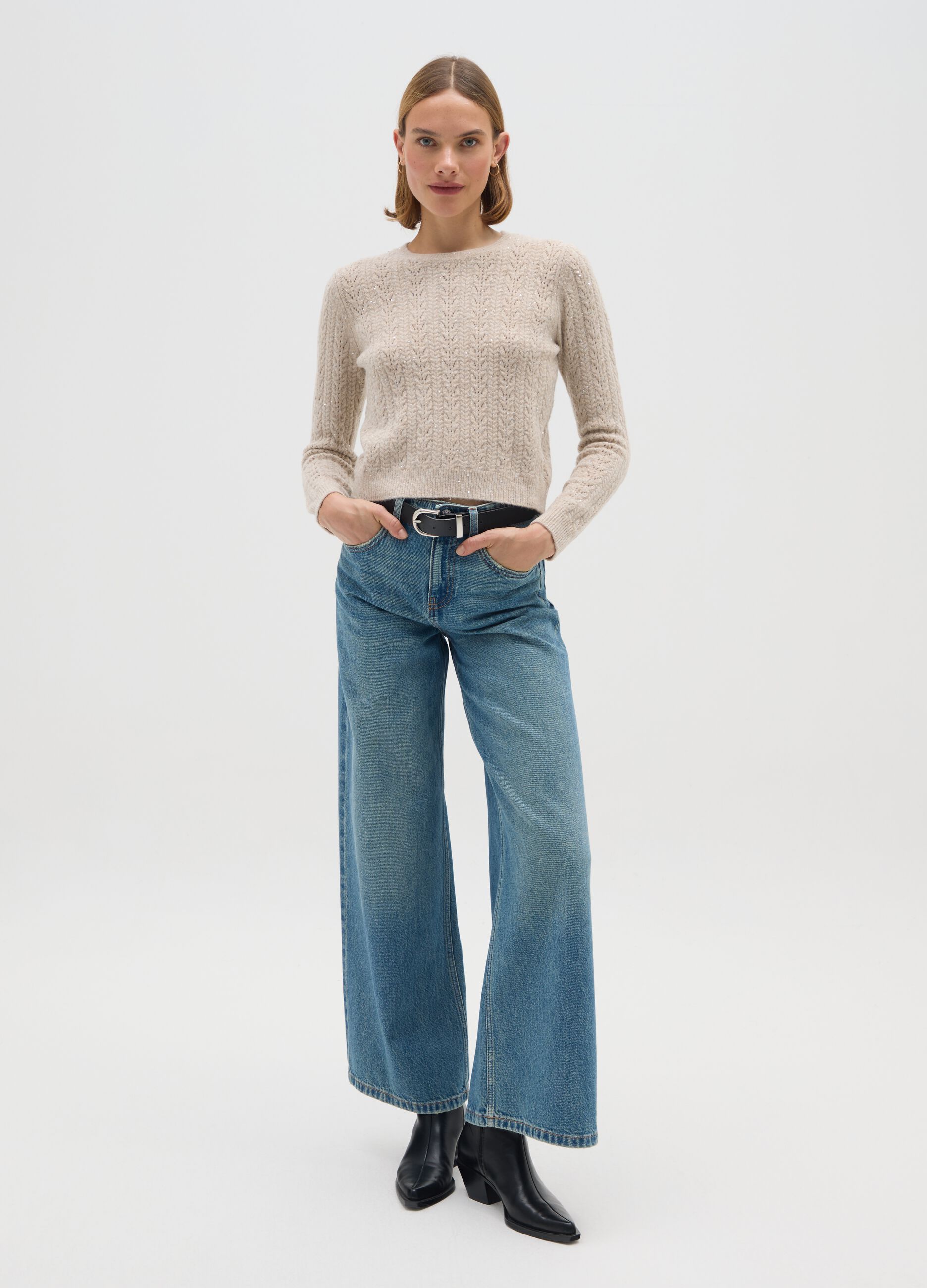 Beige Regular Fit Jumper with Sequins