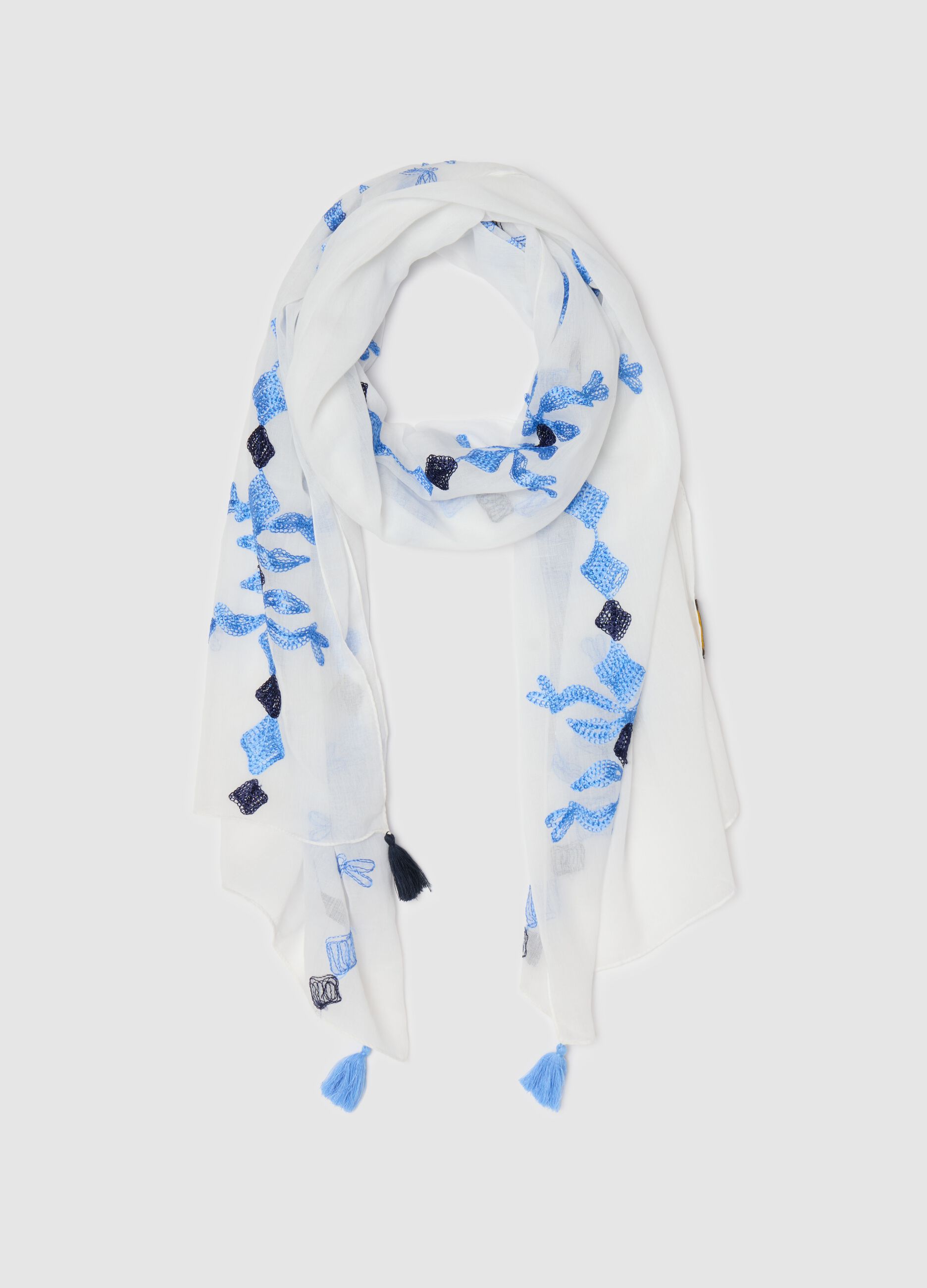 White and blue scarf with embroidery and tassels