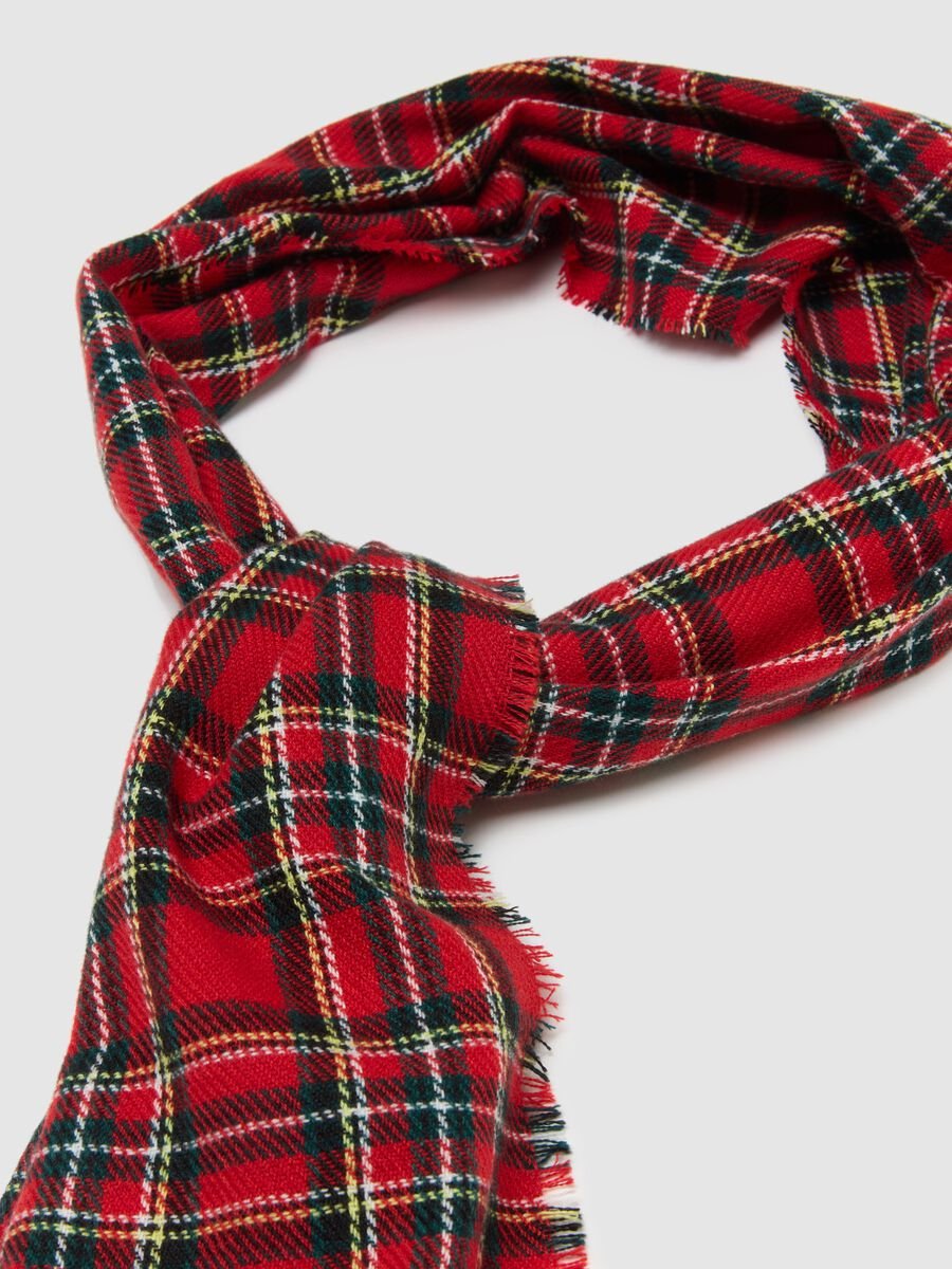 Multicoloured checkered red scarf for children with fringes_1