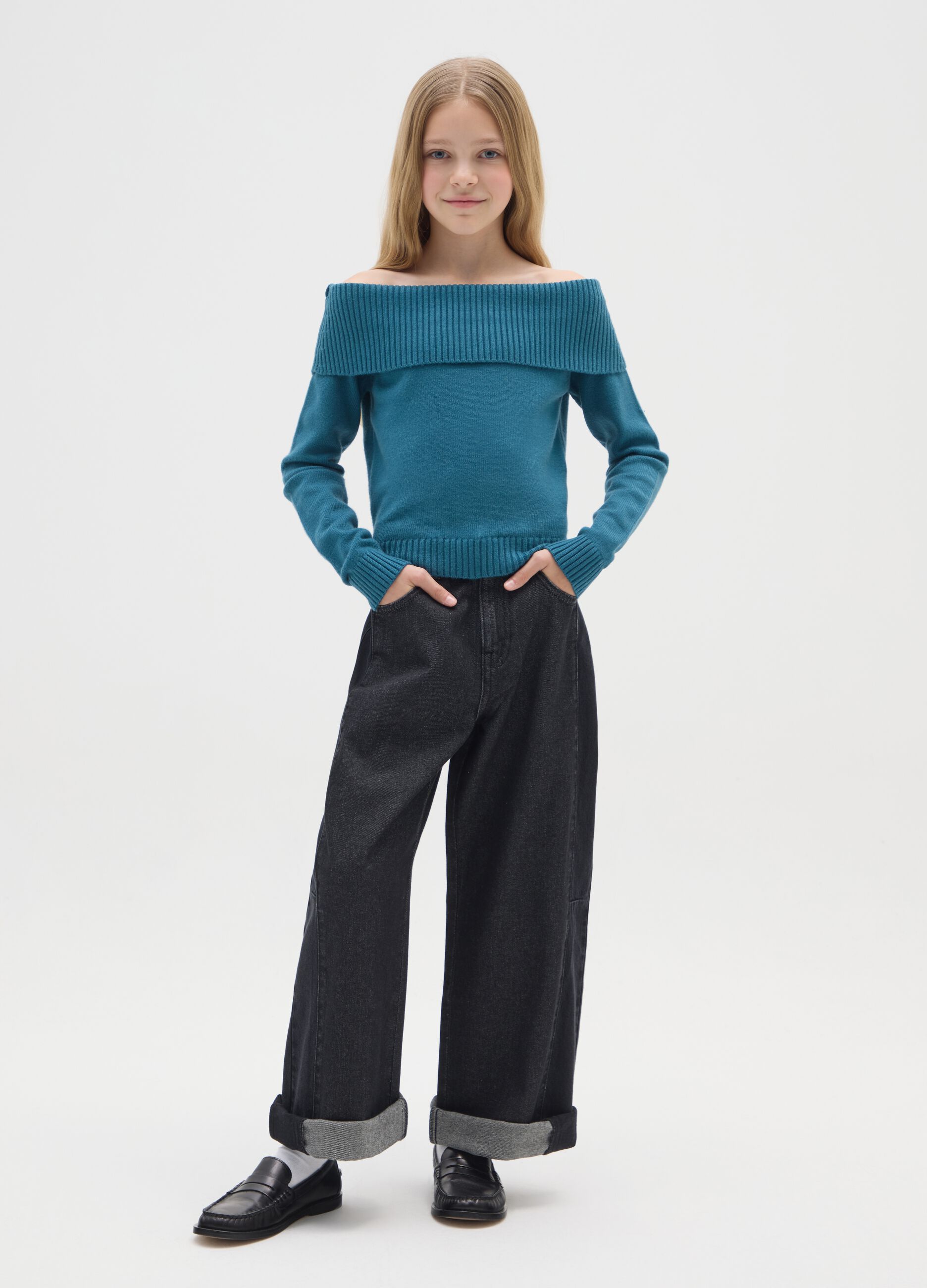 Girls' pure cotton black balloon jeans