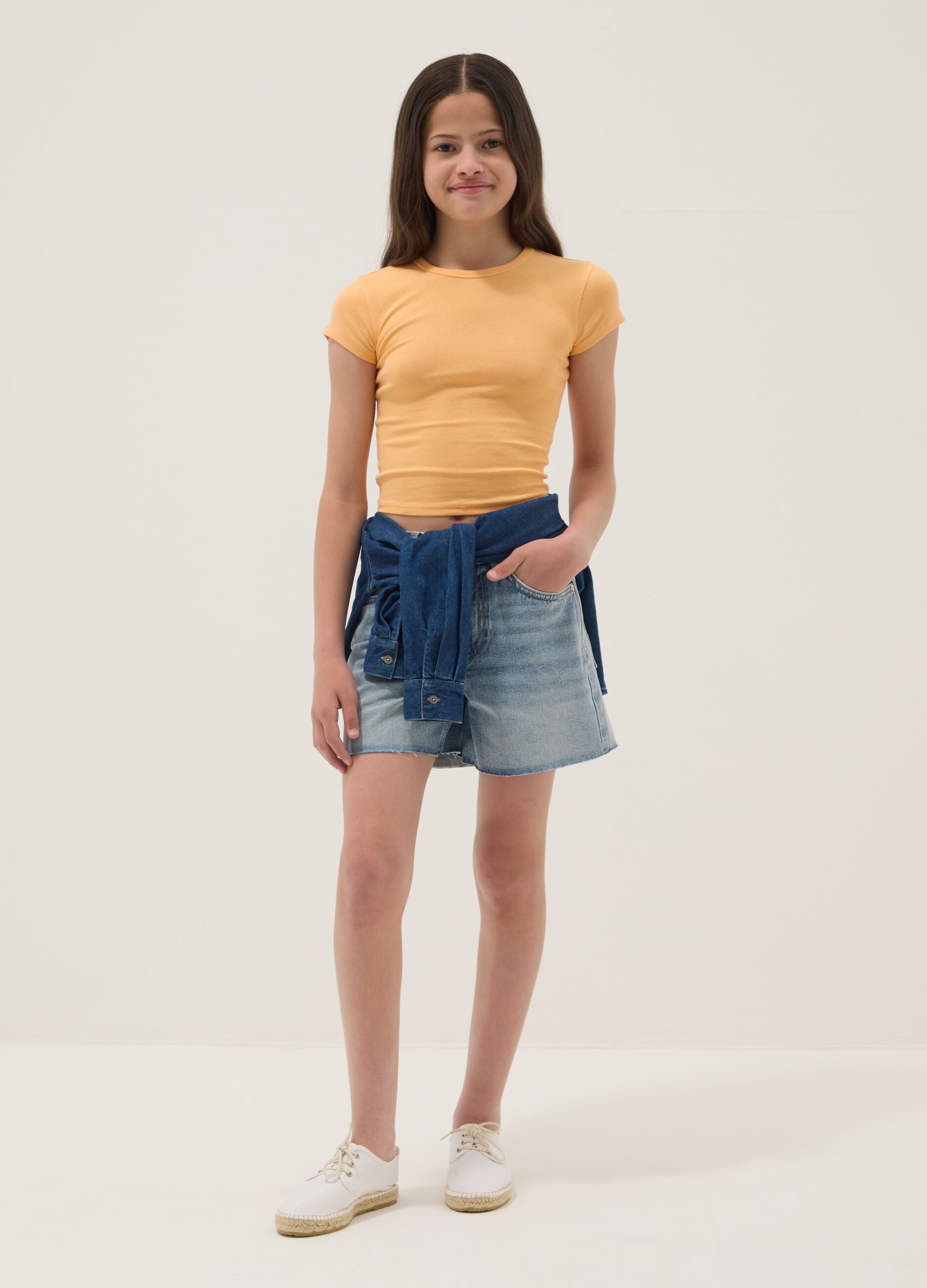 Shorts denim blu in puro cotone da ragazza straight fit