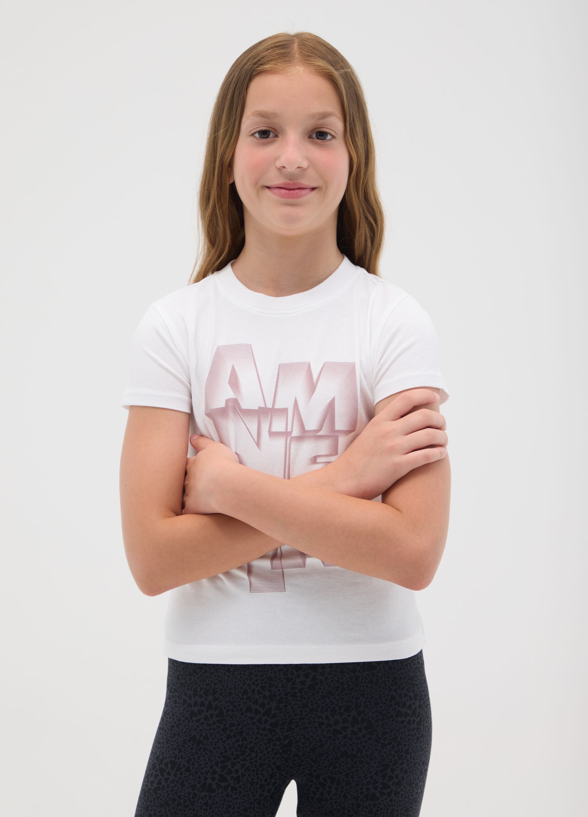 White stretch cotton T-shirt with print