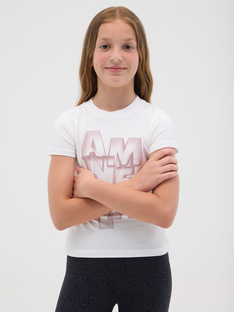 T-shirt bianca in cotone elasticizzato con stampa _0