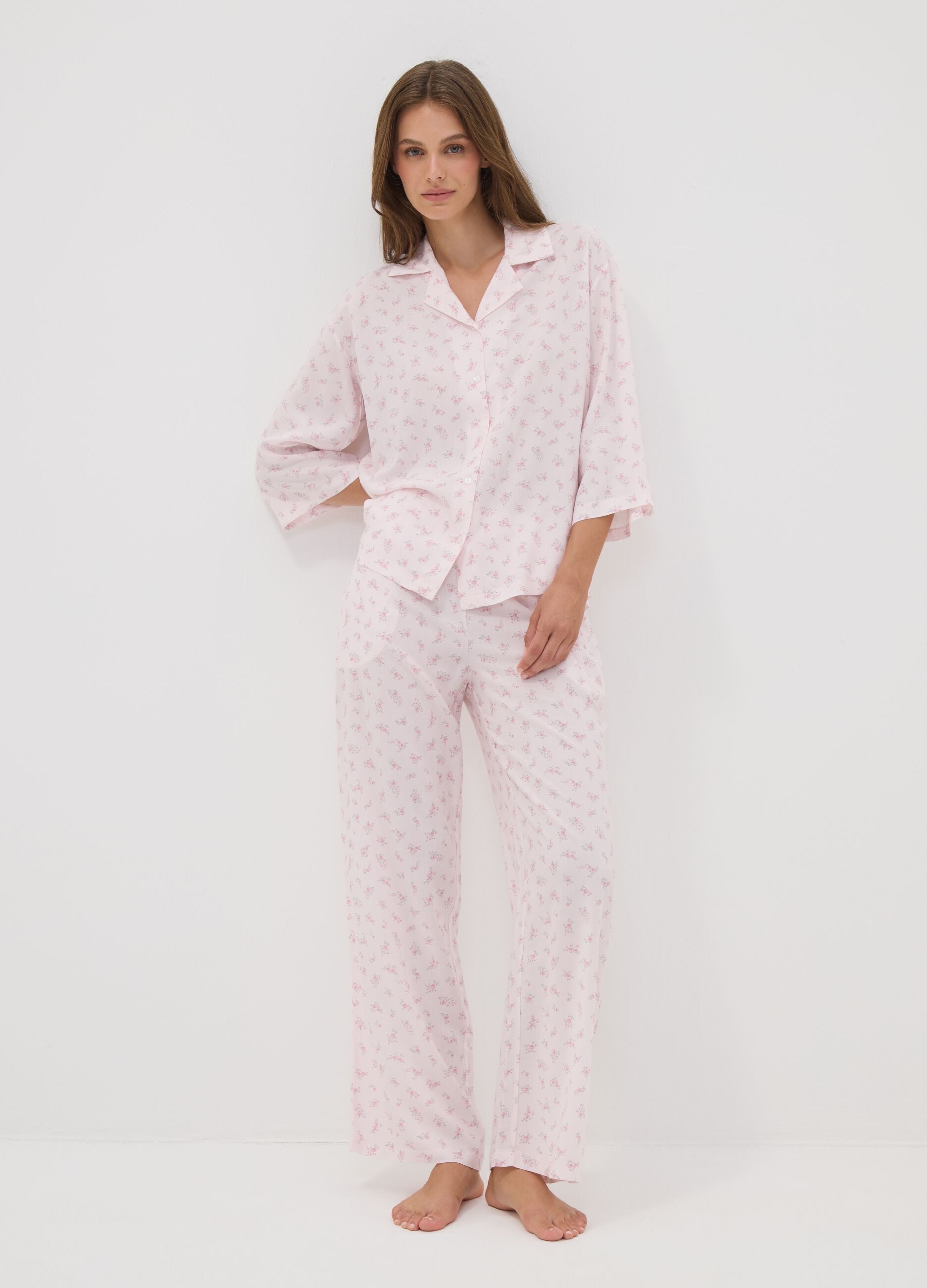 Pink pure viscose floral print pyjama trousers