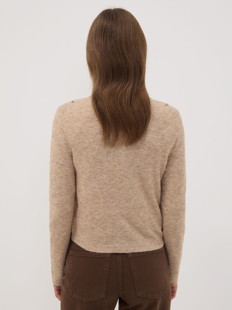 Cardigan beige in lana elasticizzata jacquard girocollo regular fit_3