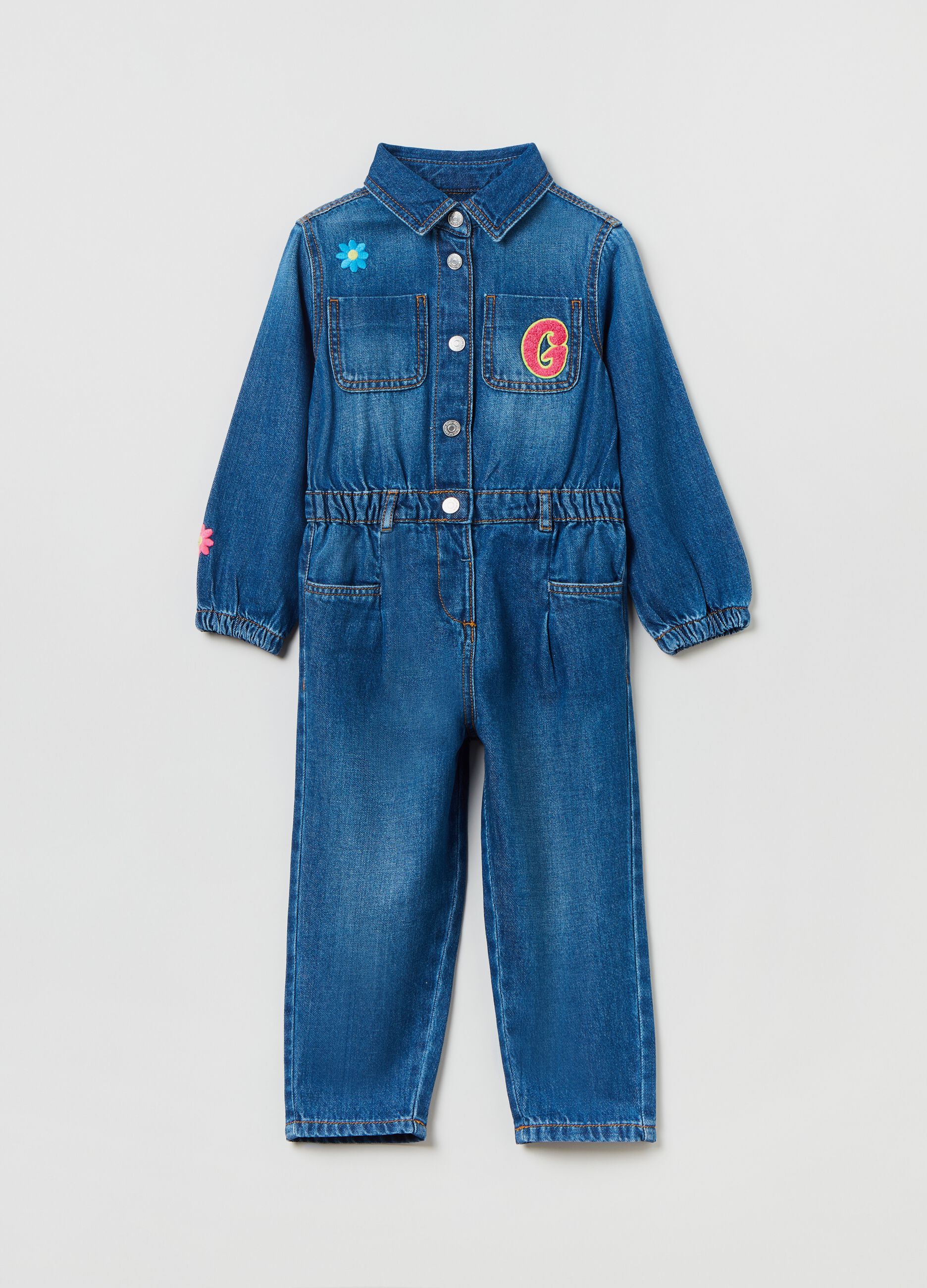 Abito tuta in denim con patch e ricami_0