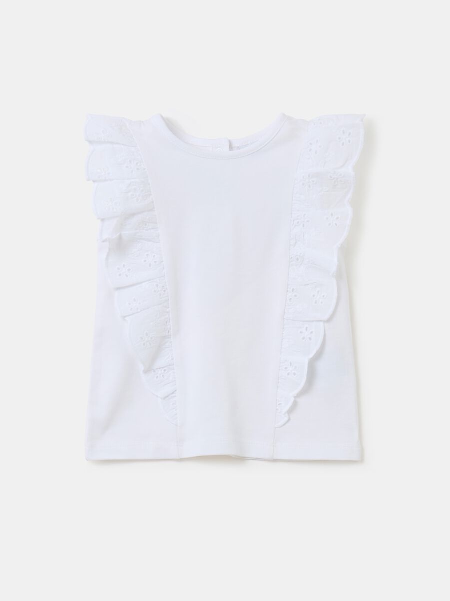 Sleeveless T-shirt with broderie anglaise frills_0