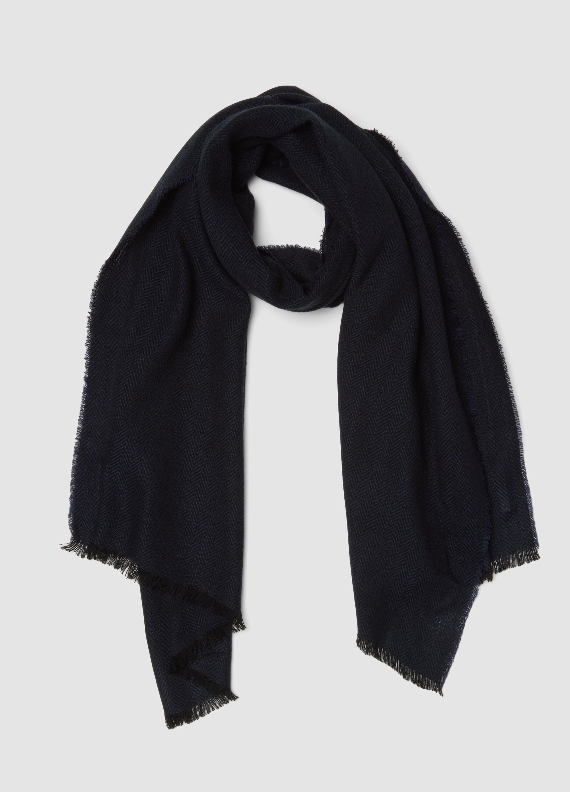 Blue herringbone scarf with fringes