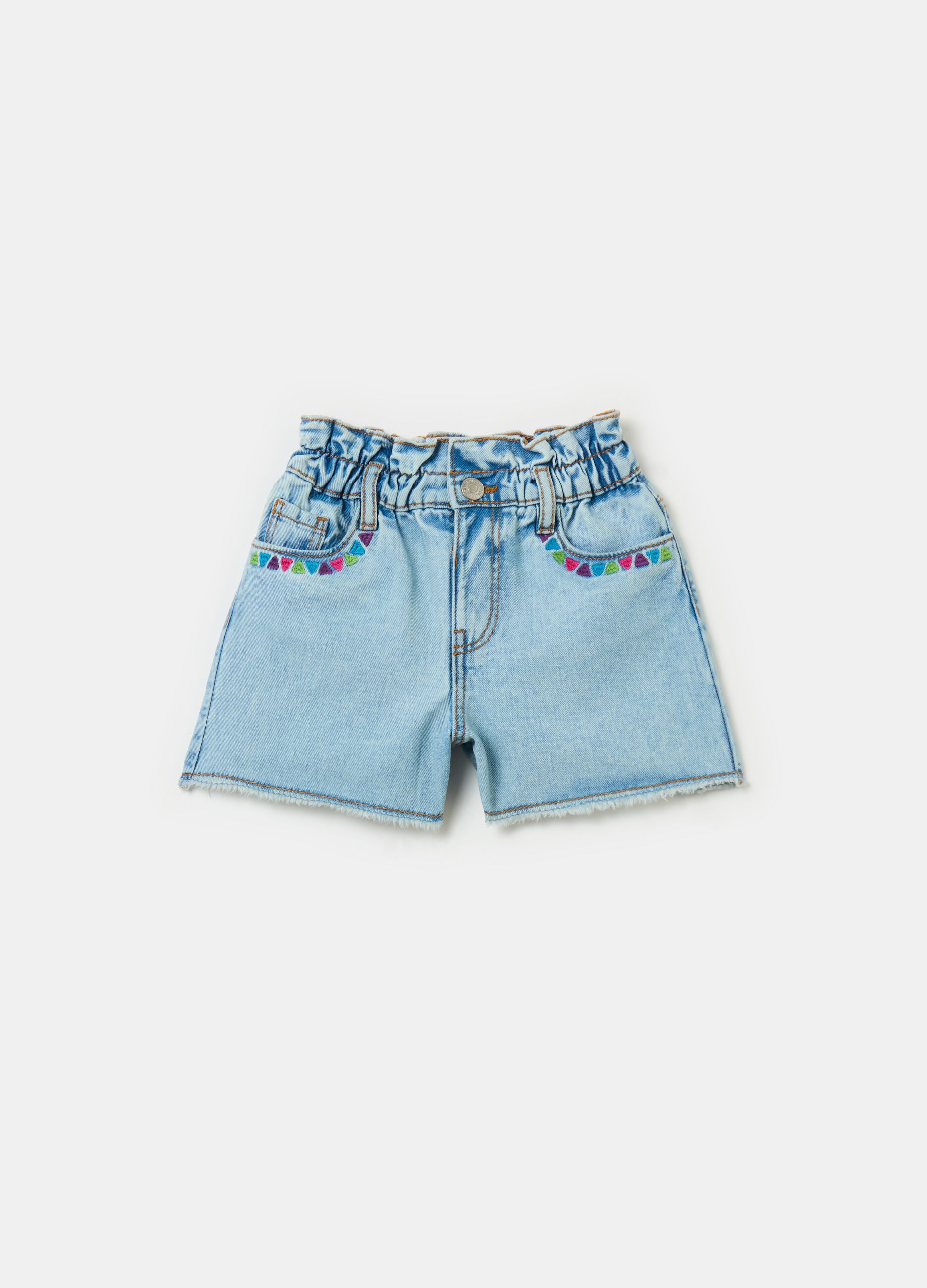 Paper bag shorts in denim with embroidery