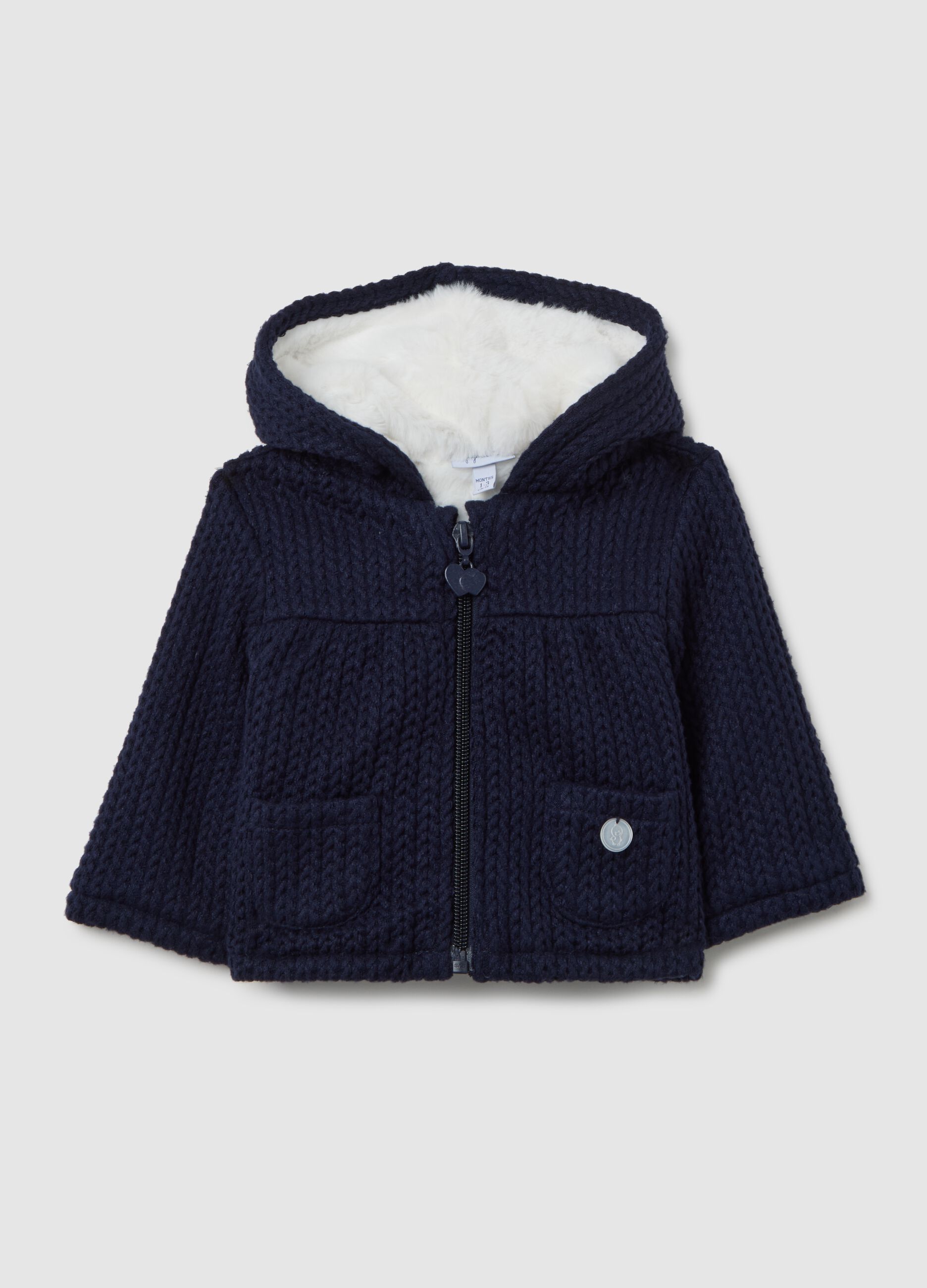 Giaccone foderato con cappuccio blu da neonata regular fit con zip