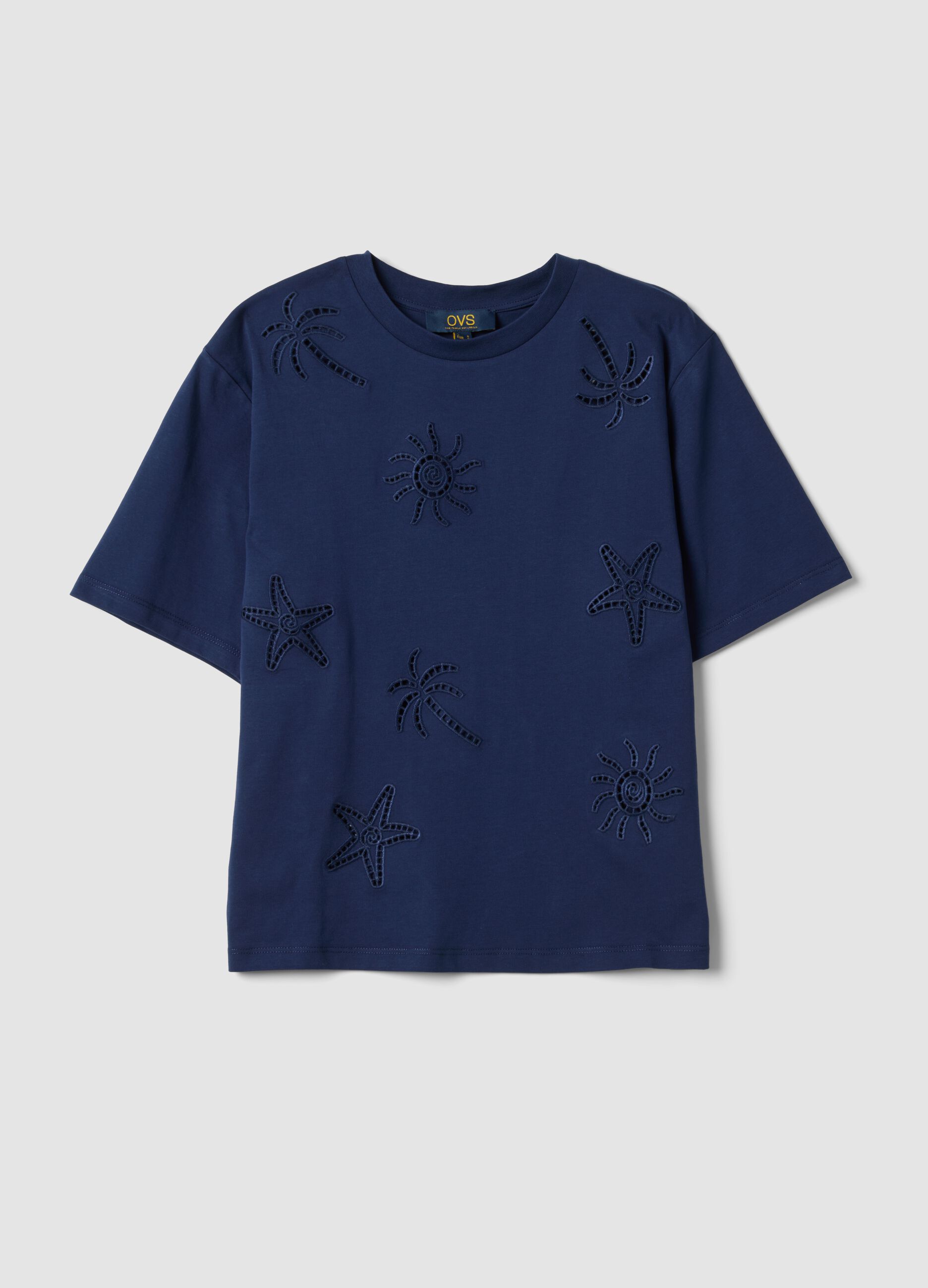 Blue pure cotton T-shirt with openwork embroidery, regular fit