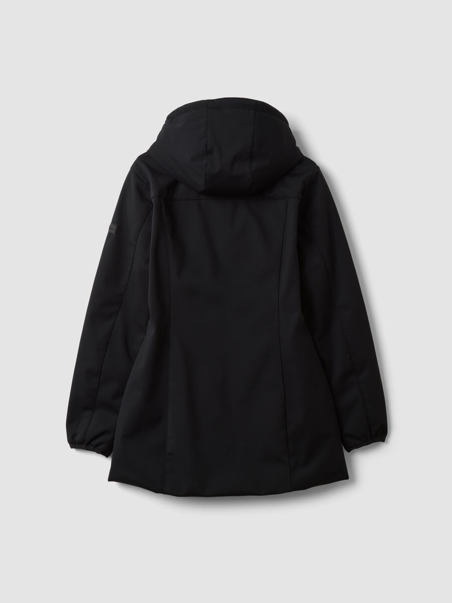 Parka nera in tessuto elasticizzato con cappuccio regular fit_6