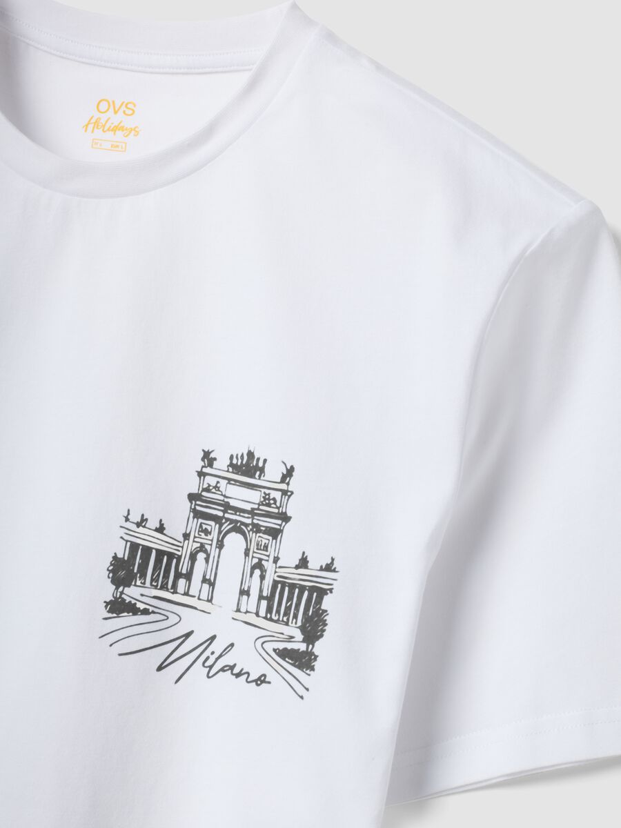 White pure cotton T-shirt with chest print, regular fit_5