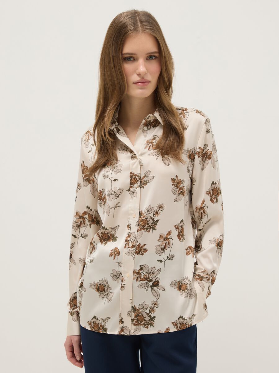 Multicolour Long Sleeve Satin Shirt with Floral Pattern, Regular Fit_0