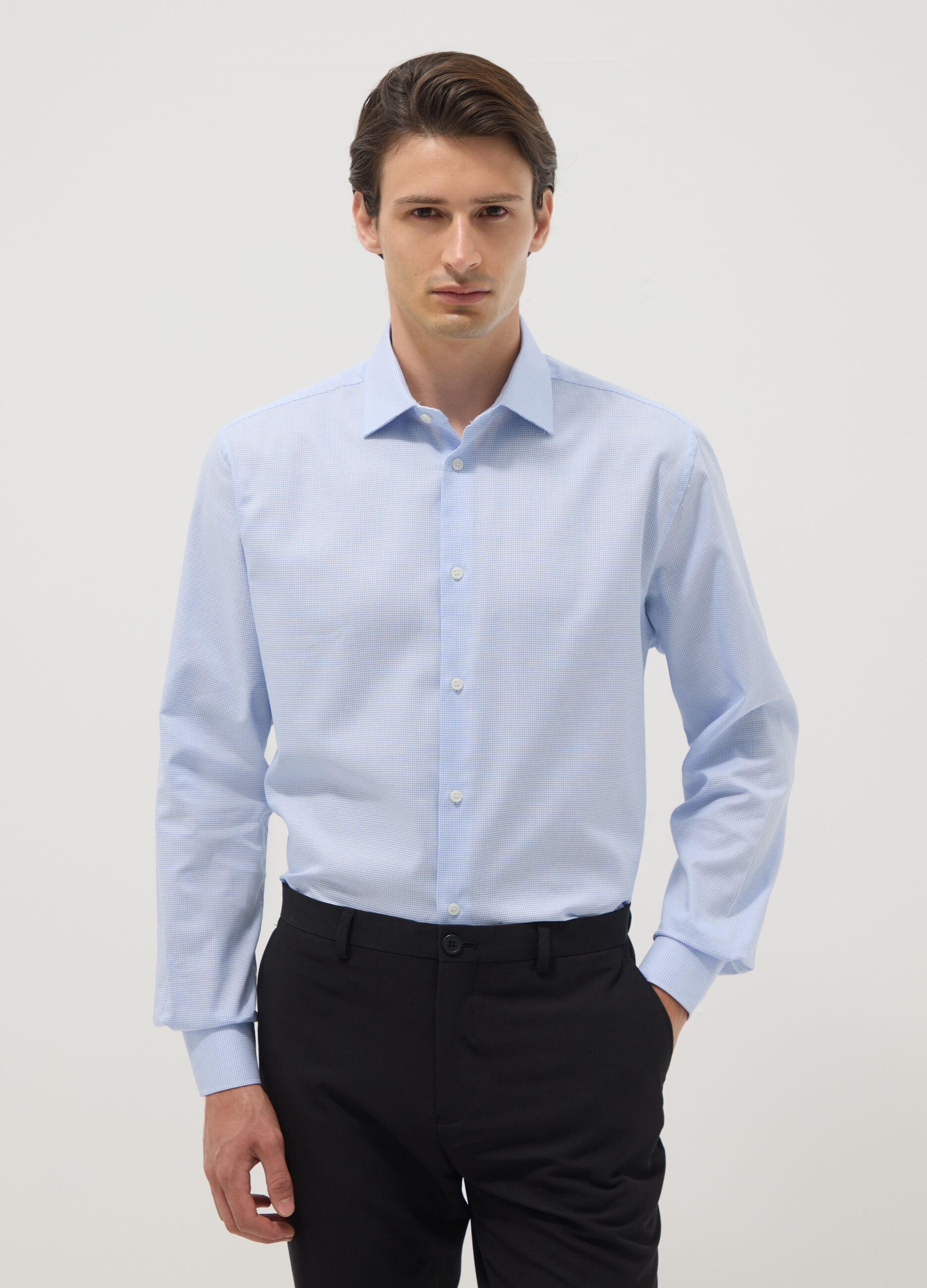 Light blue pure cotton regular fit shirt with micro-checks