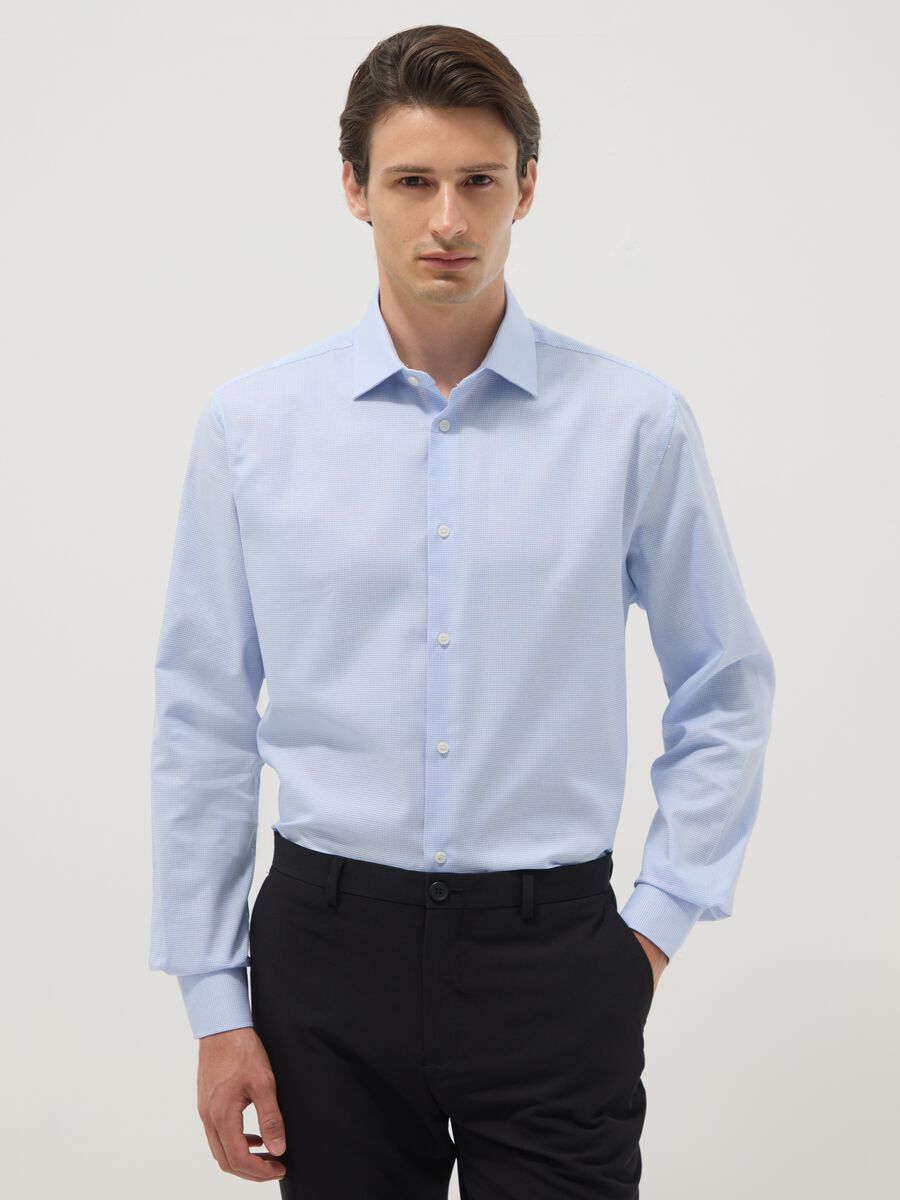 Camicia in puro cotone azzurra con microquadri regular fit easy iron_0