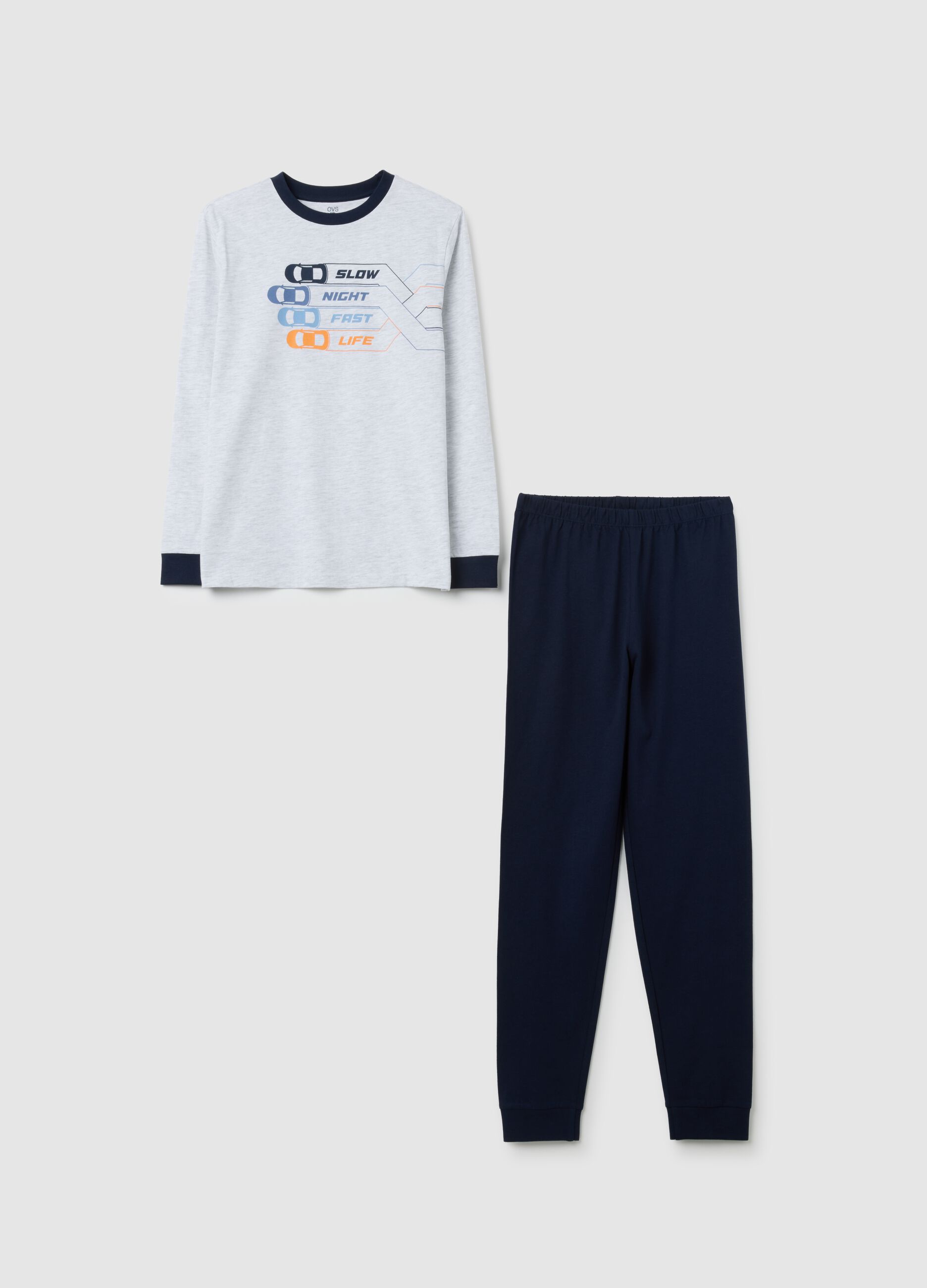 Grey and blue cotton pyjamas with car print