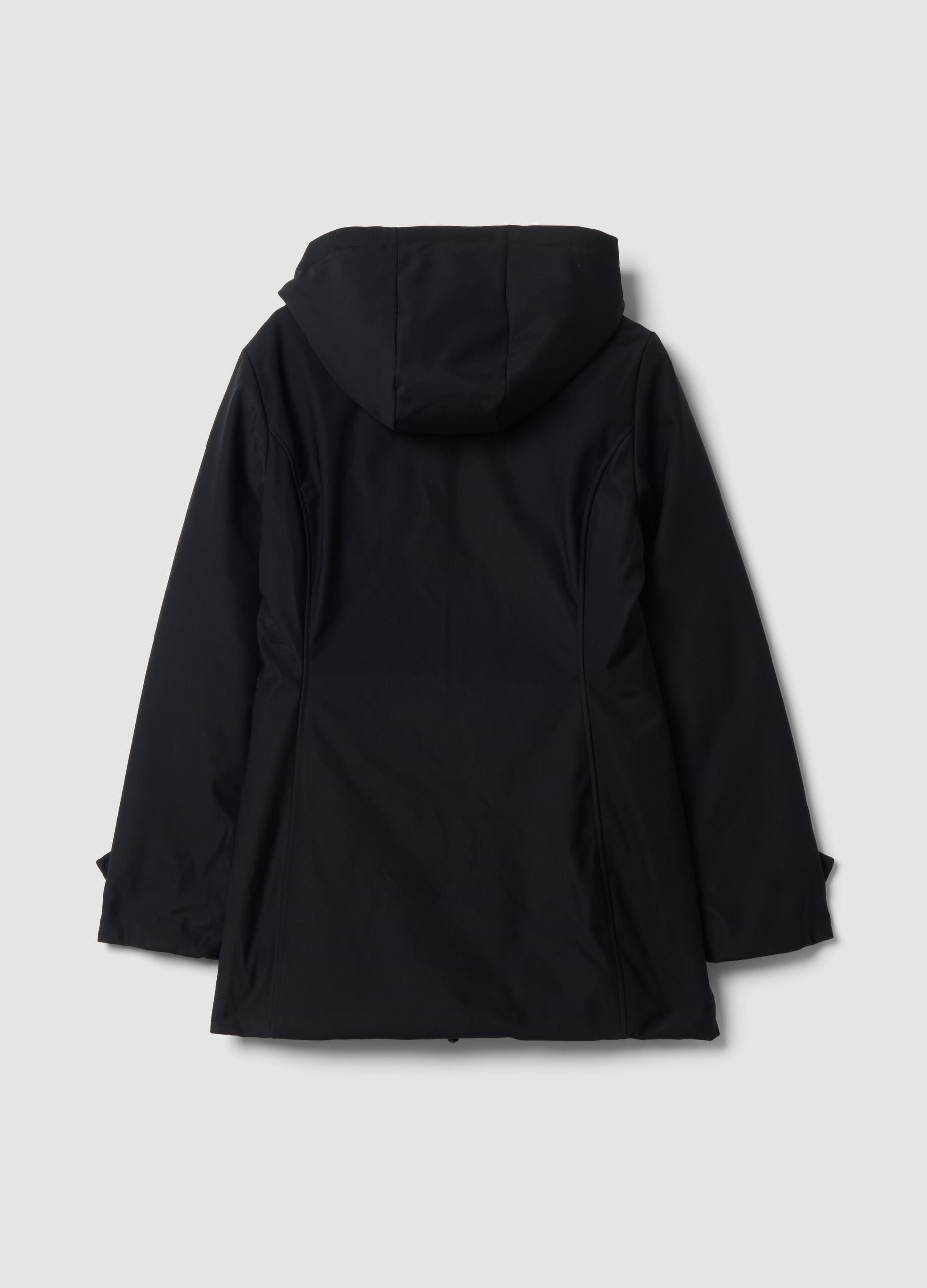 Black hooded parka in stretch fabric, regular fit