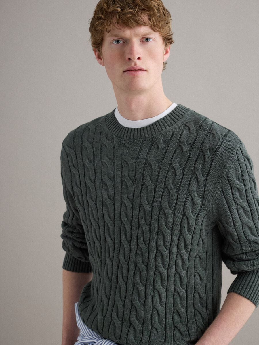 Maglione in puro cotone verde regular fit con design intrecciato_0