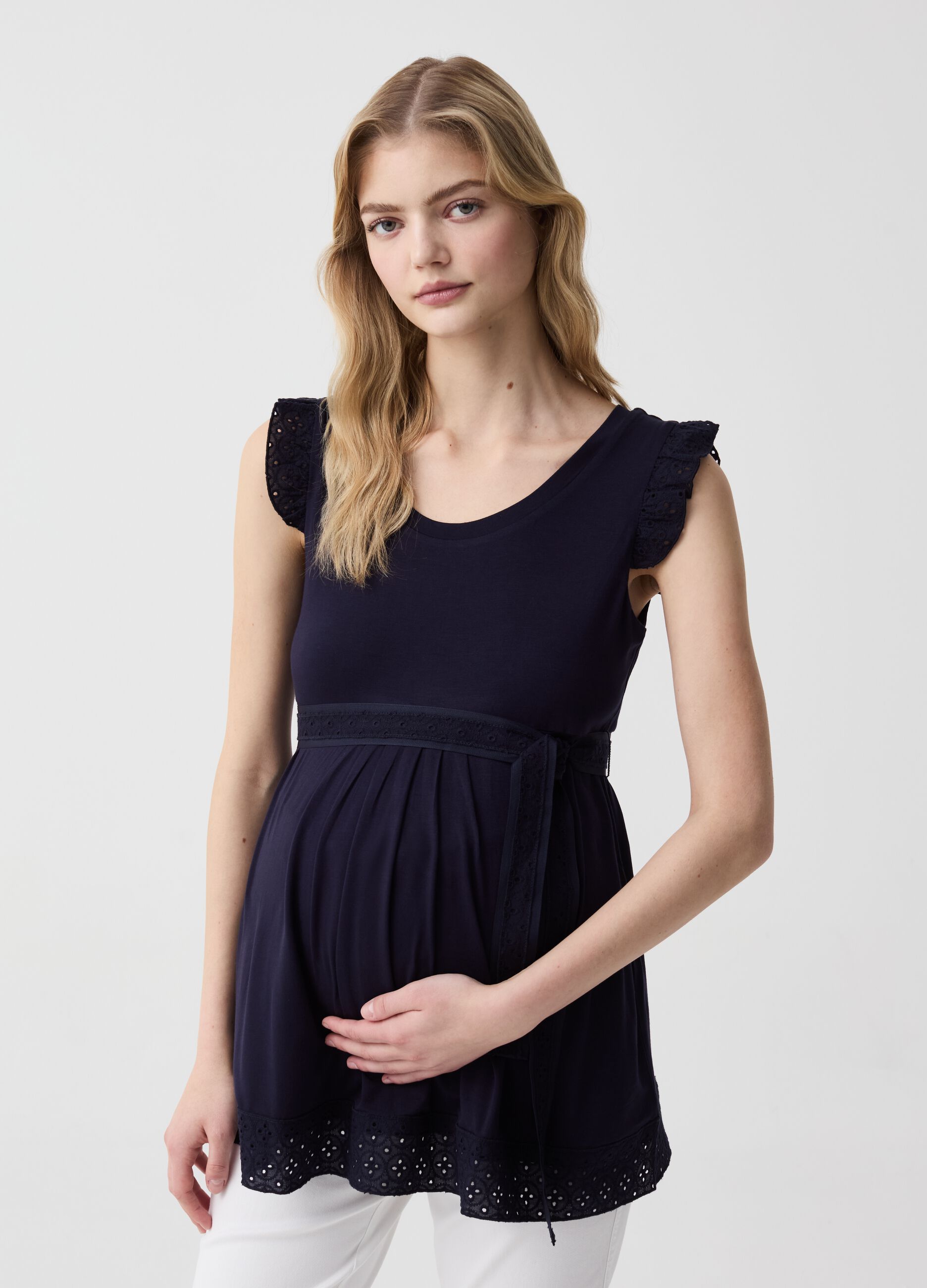 Maternity T-shirt with broderie anglaise inserts