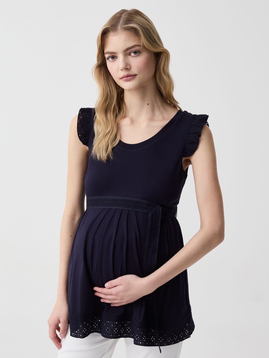Maternity T-shirt with broderie anglaise inserts_0