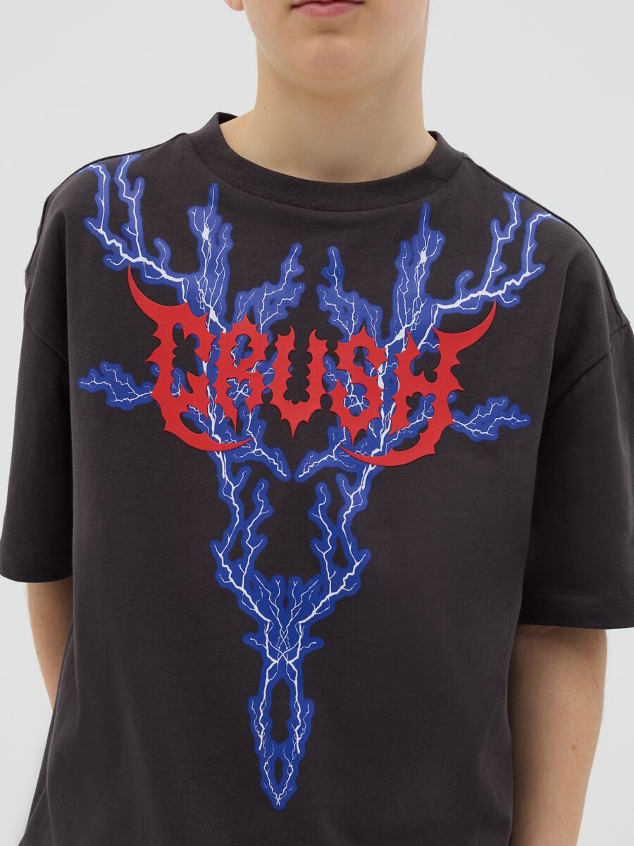Cotton T-shirt with "Crush" lightning print_1
