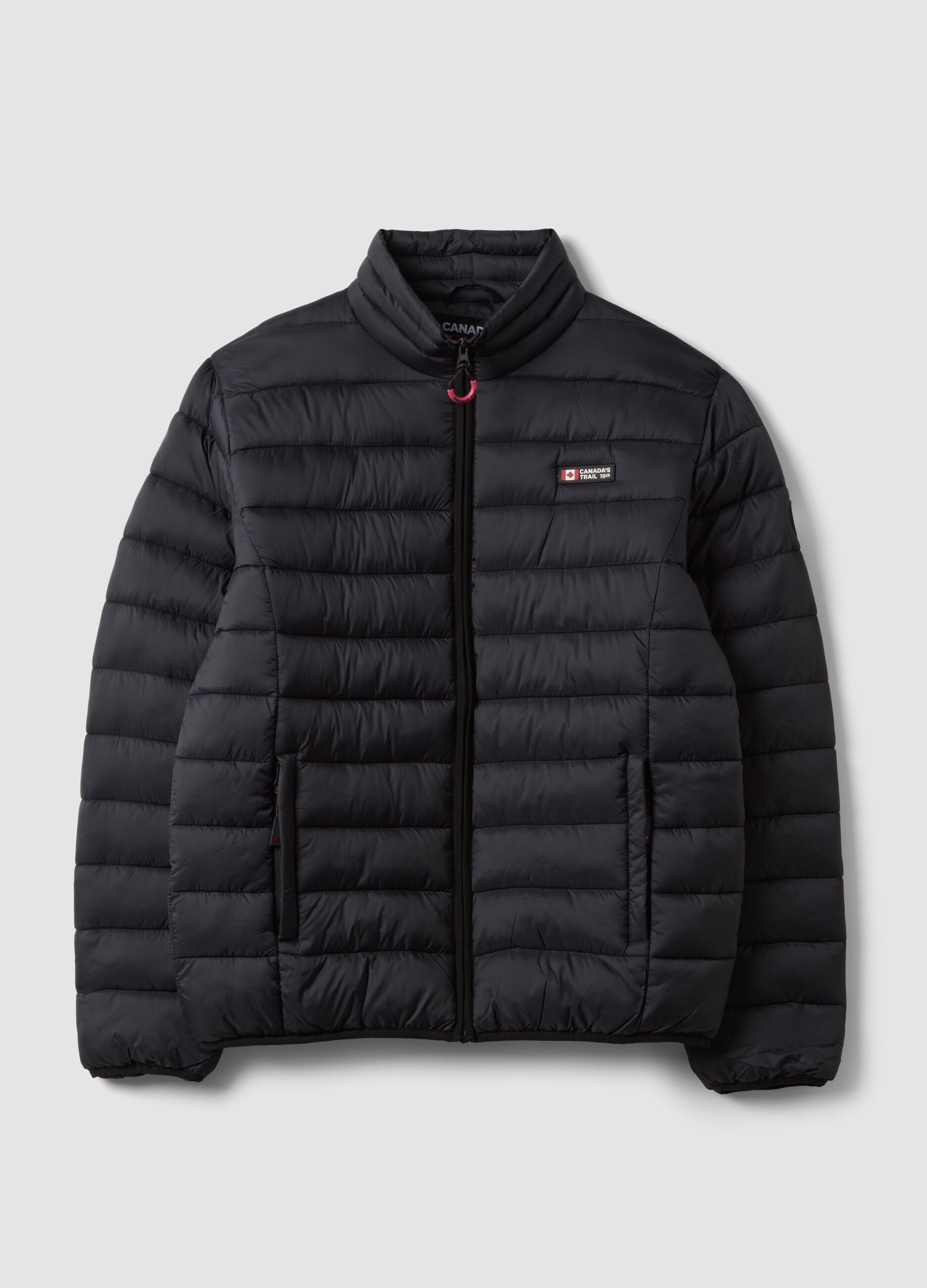 Black padded jacket with high neck and zip