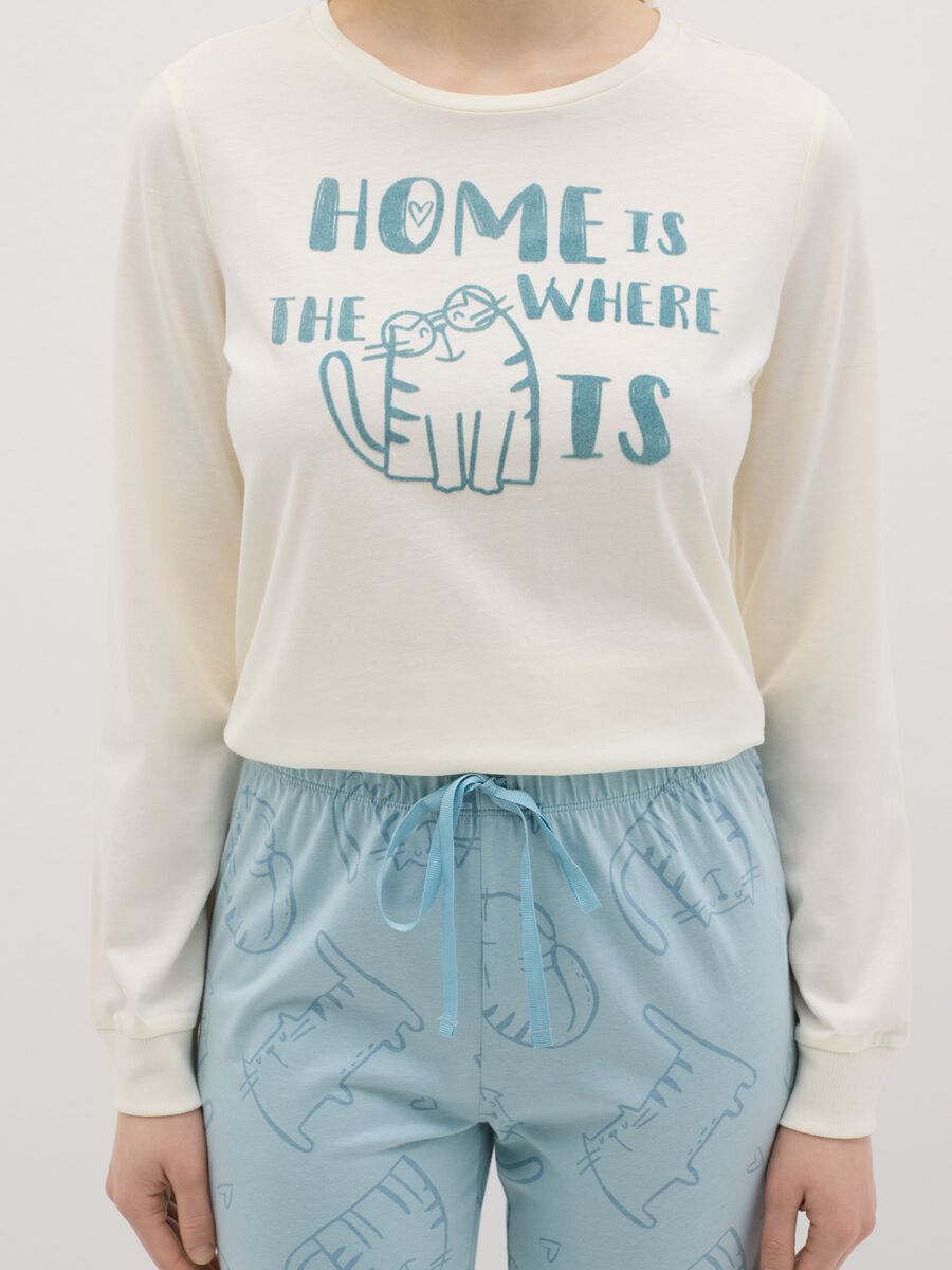 White and light blue cotton pyjamas with cat print_3