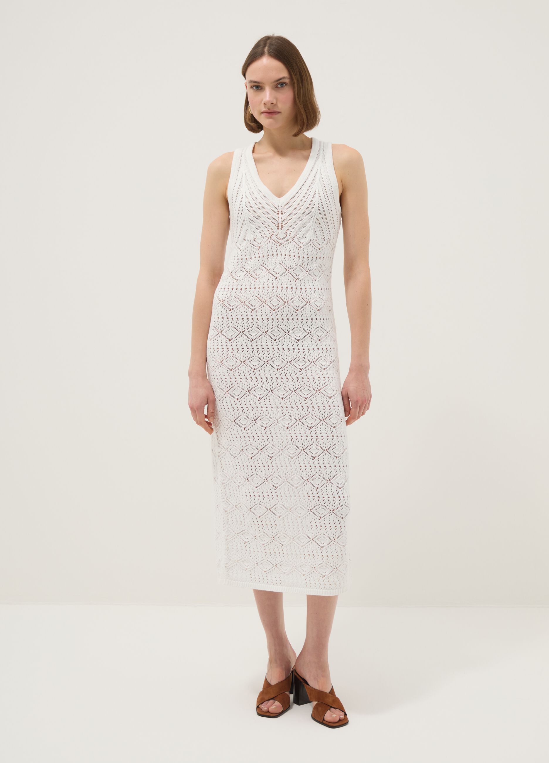 White pure cotton slim-fit dress with broderie detail and deep V-neck